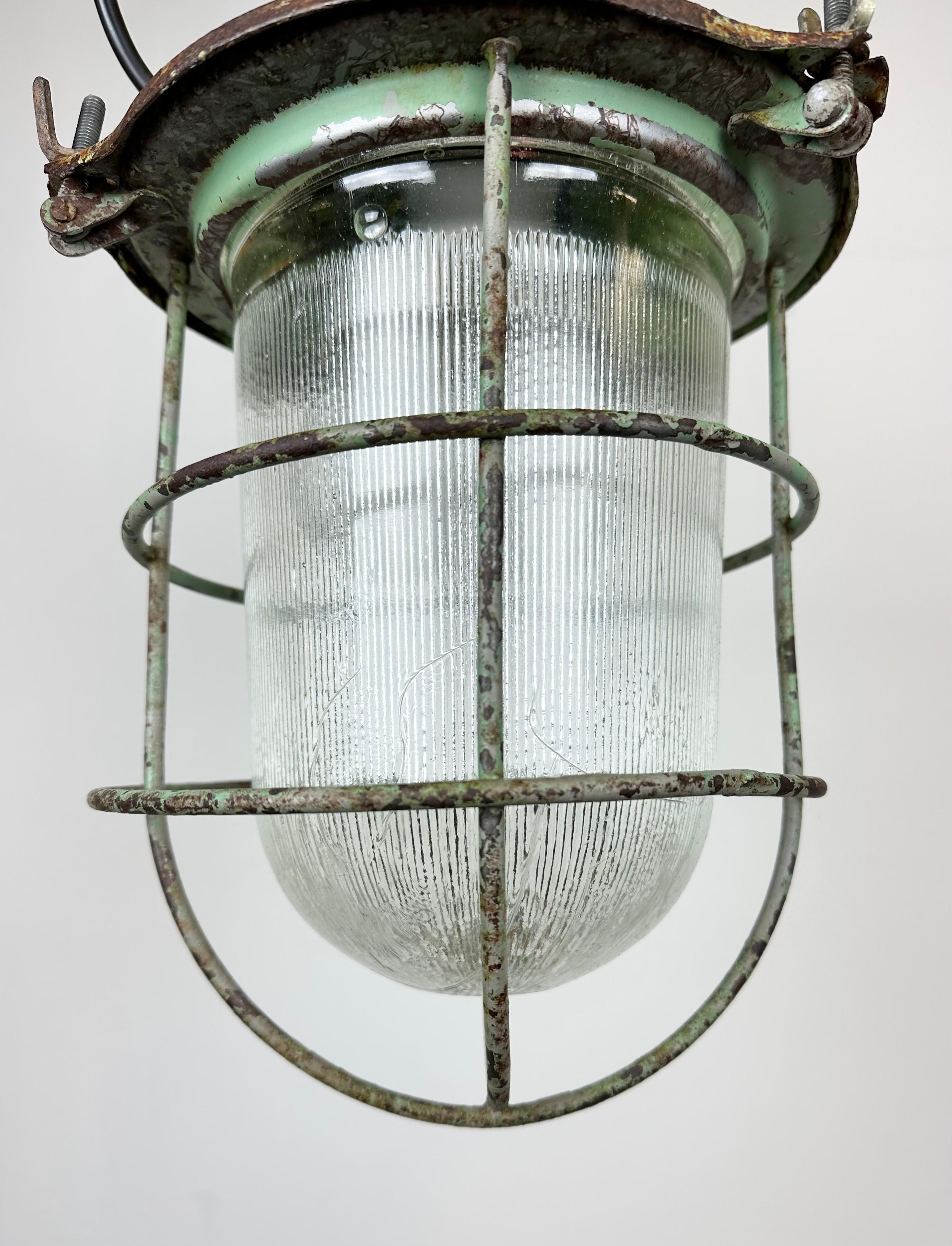 Green Industrial Soviet Bunker Pendant Light with Iron Grid, 1960s In Good Condition For Sale In Kojetice, CZ