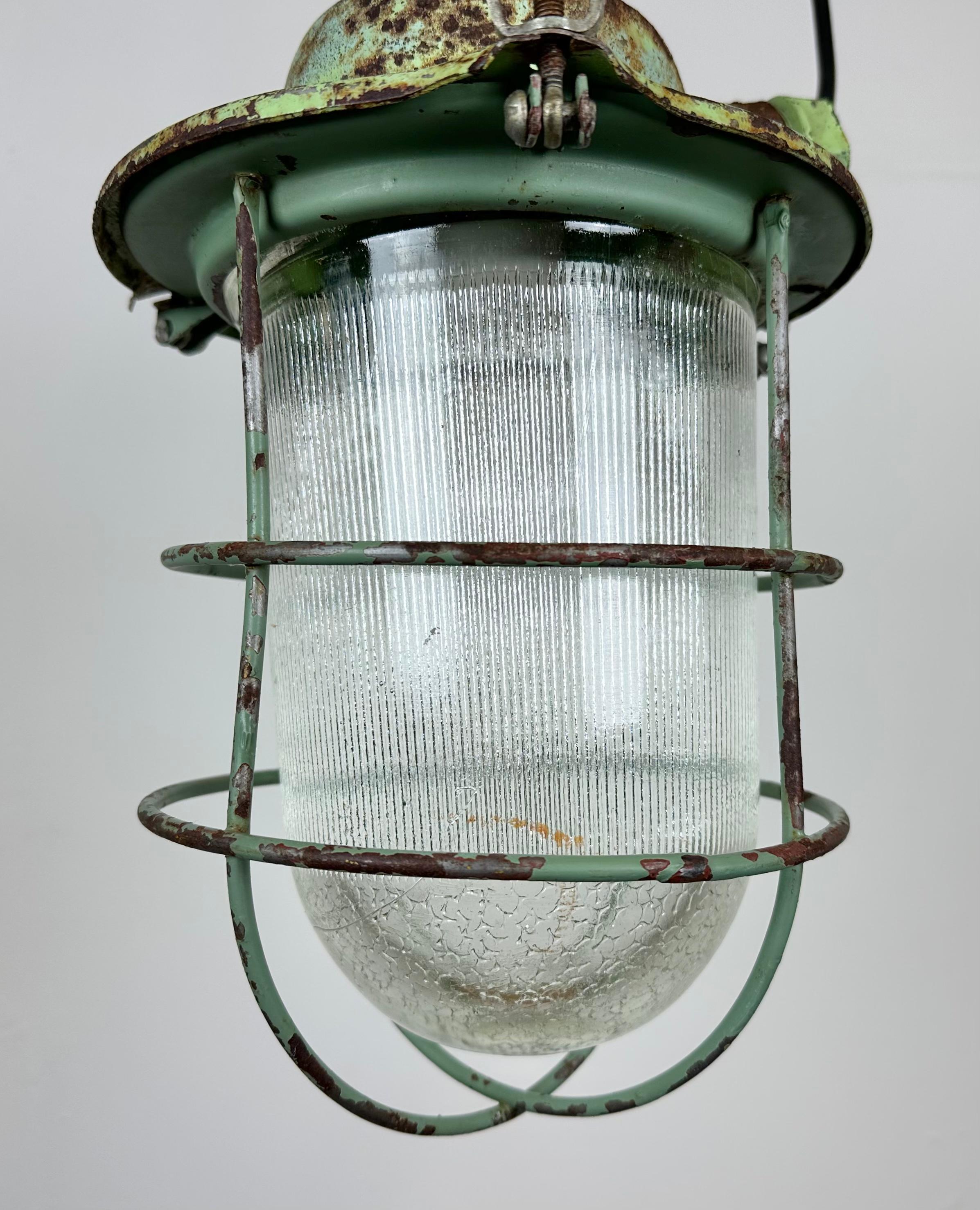 Green Industrial Soviet Bunker Pendant Light with Iron Grid, 1960s In Fair Condition In Kojetice, CZ