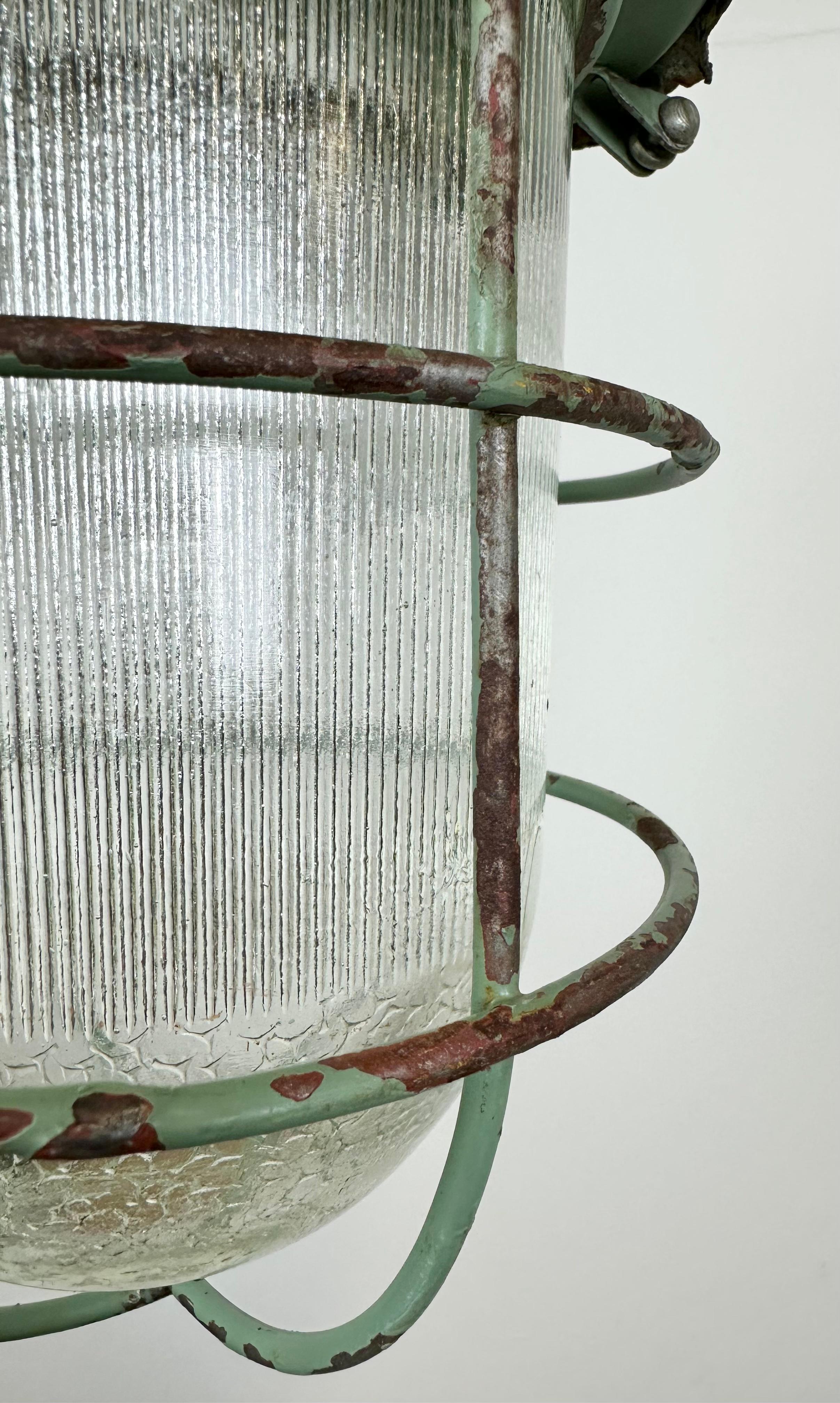 Mid-20th Century Green Industrial Soviet Bunker Pendant Light with Iron Grid, 1960s