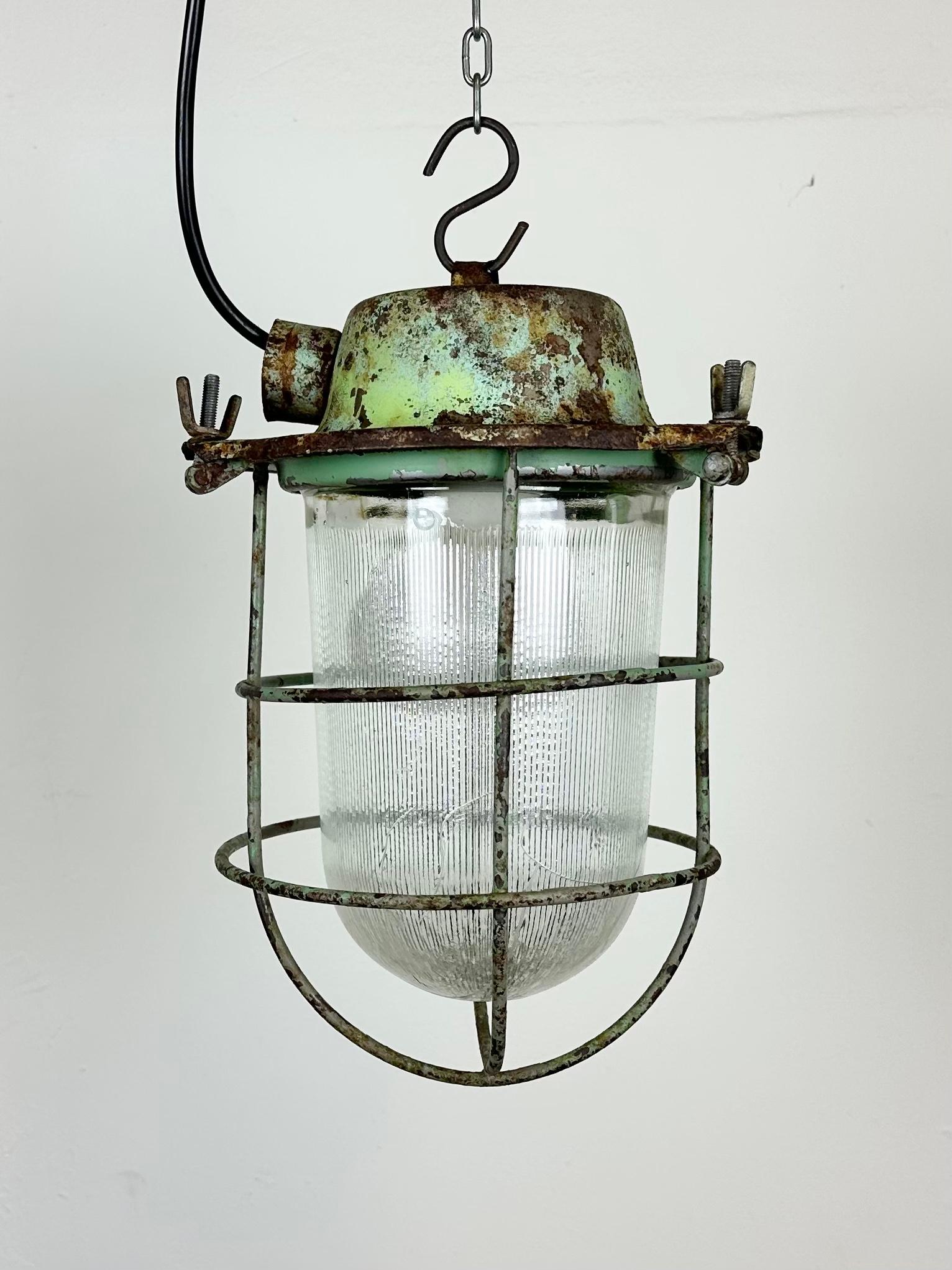 Glass Green Industrial Soviet Bunker Pendant Light with Iron Grid, 1960s For Sale