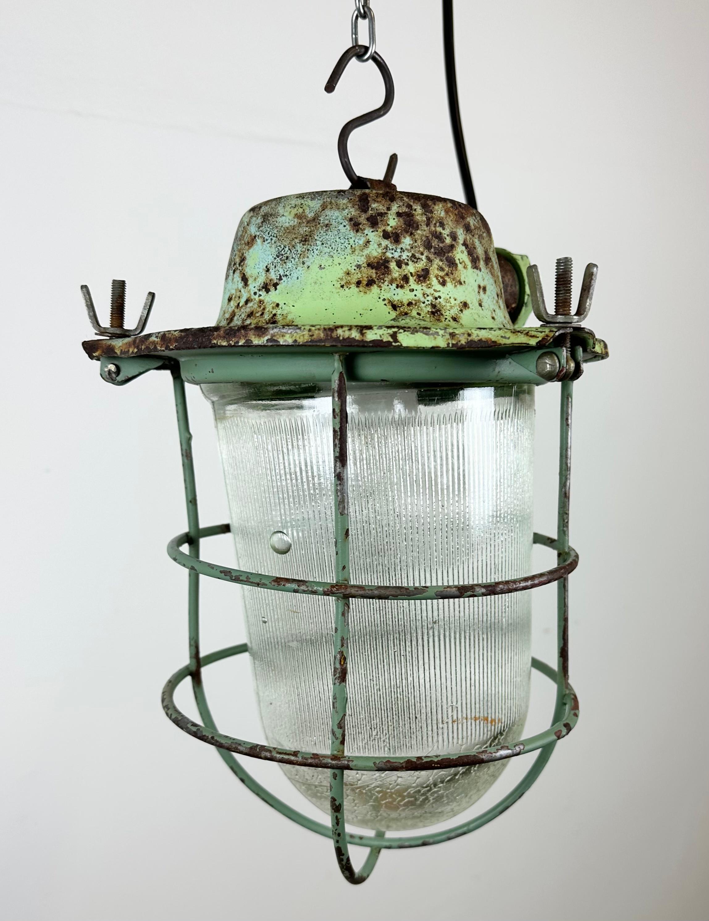 Green Industrial Soviet Bunker Pendant Light with Iron Grid, 1960s 2