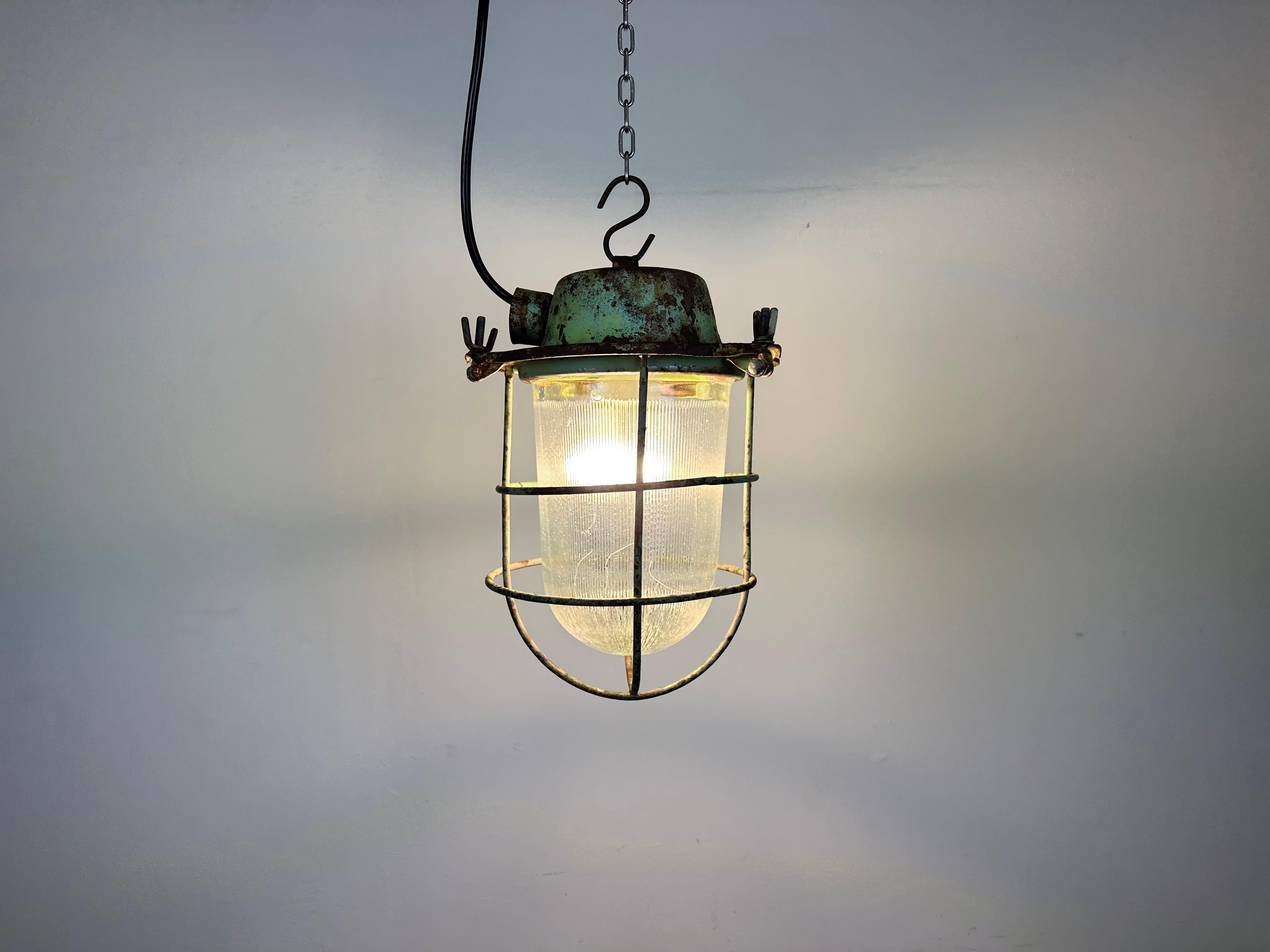 Green Industrial Soviet Bunker Pendant Light with Iron Grid, 1960s For Sale 3