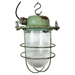 Green Industrial Soviet Bunker Pendant Light with Iron Grid, 1960s