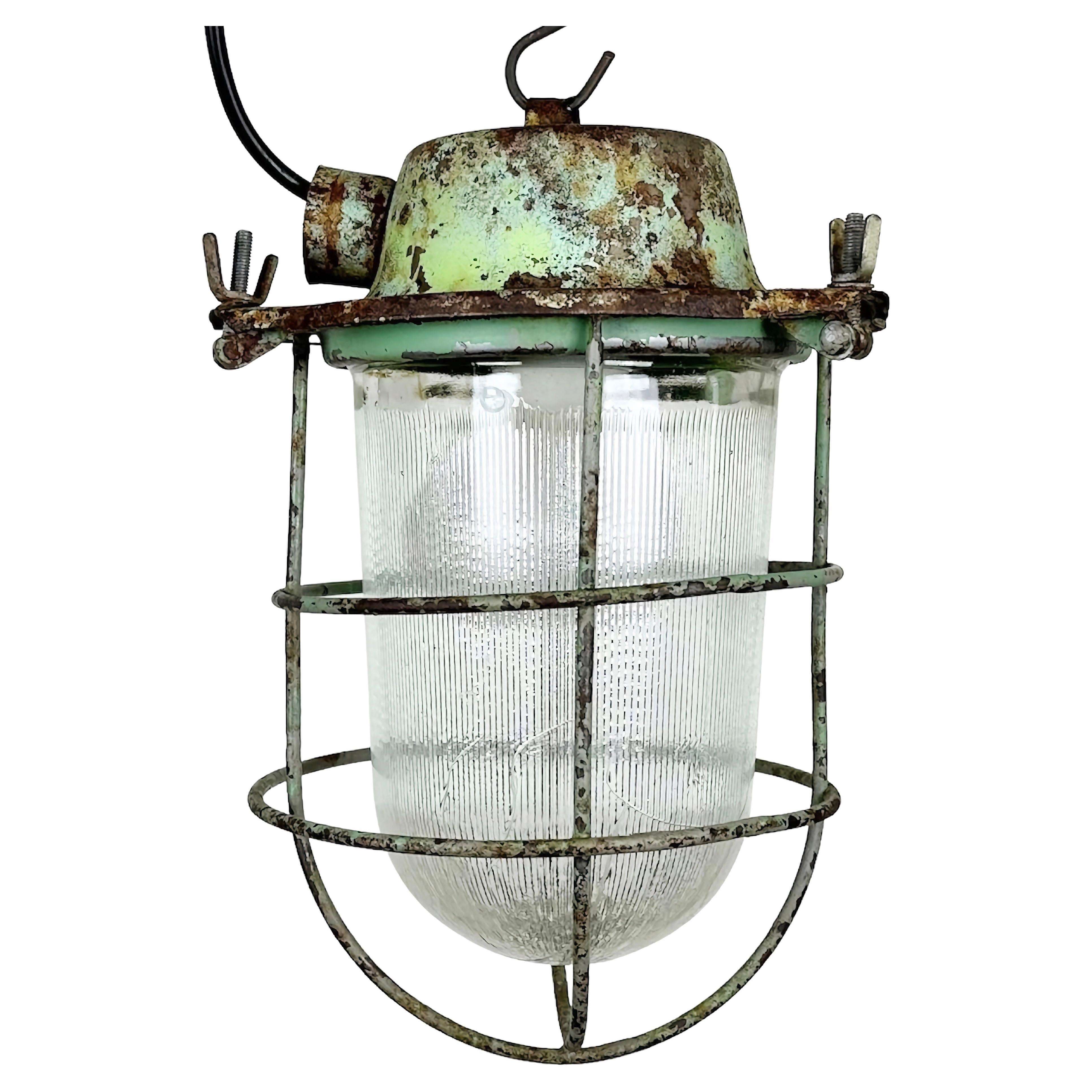 Green Industrial Soviet Bunker Pendant Light with Iron Grid, 1960s For Sale