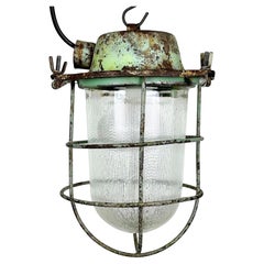 Green Industrial Soviet Bunker Pendant Light with Iron Grid, 1960s