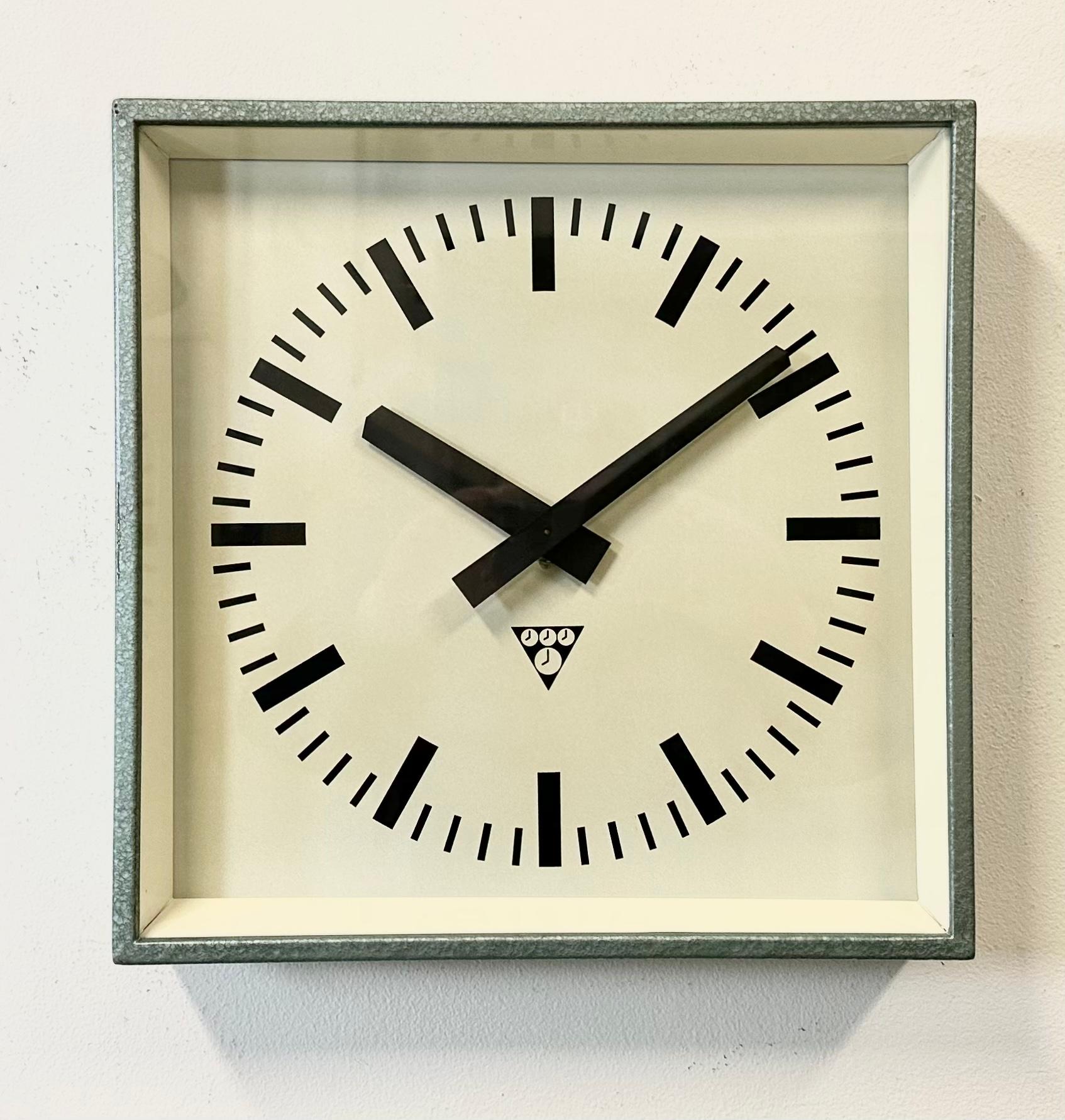 Czech Green Industrial Square Wall Clock from Pragotron, 1970s For Sale