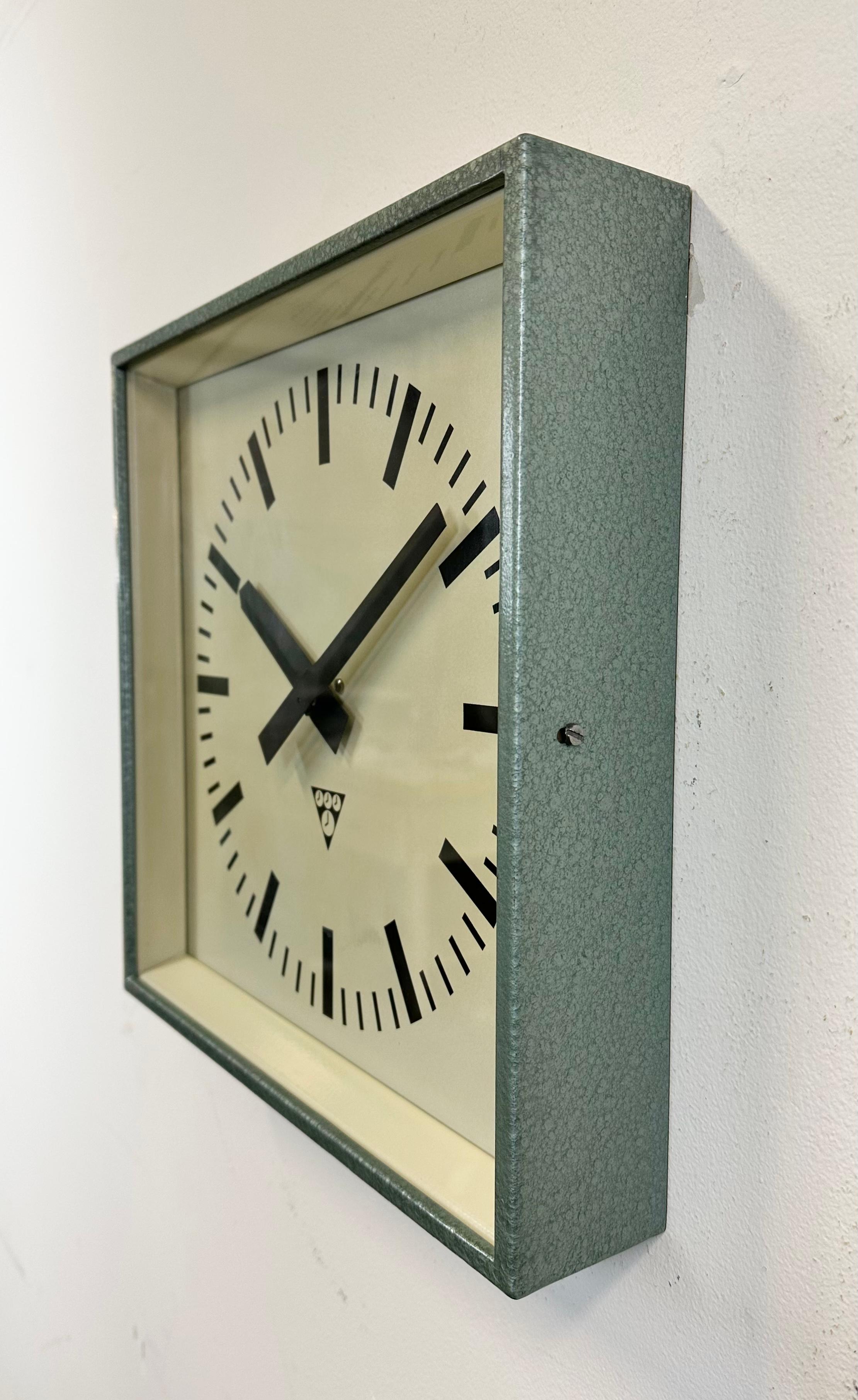 Late 20th Century Green Industrial Square Wall Clock from Pragotron, 1970s For Sale