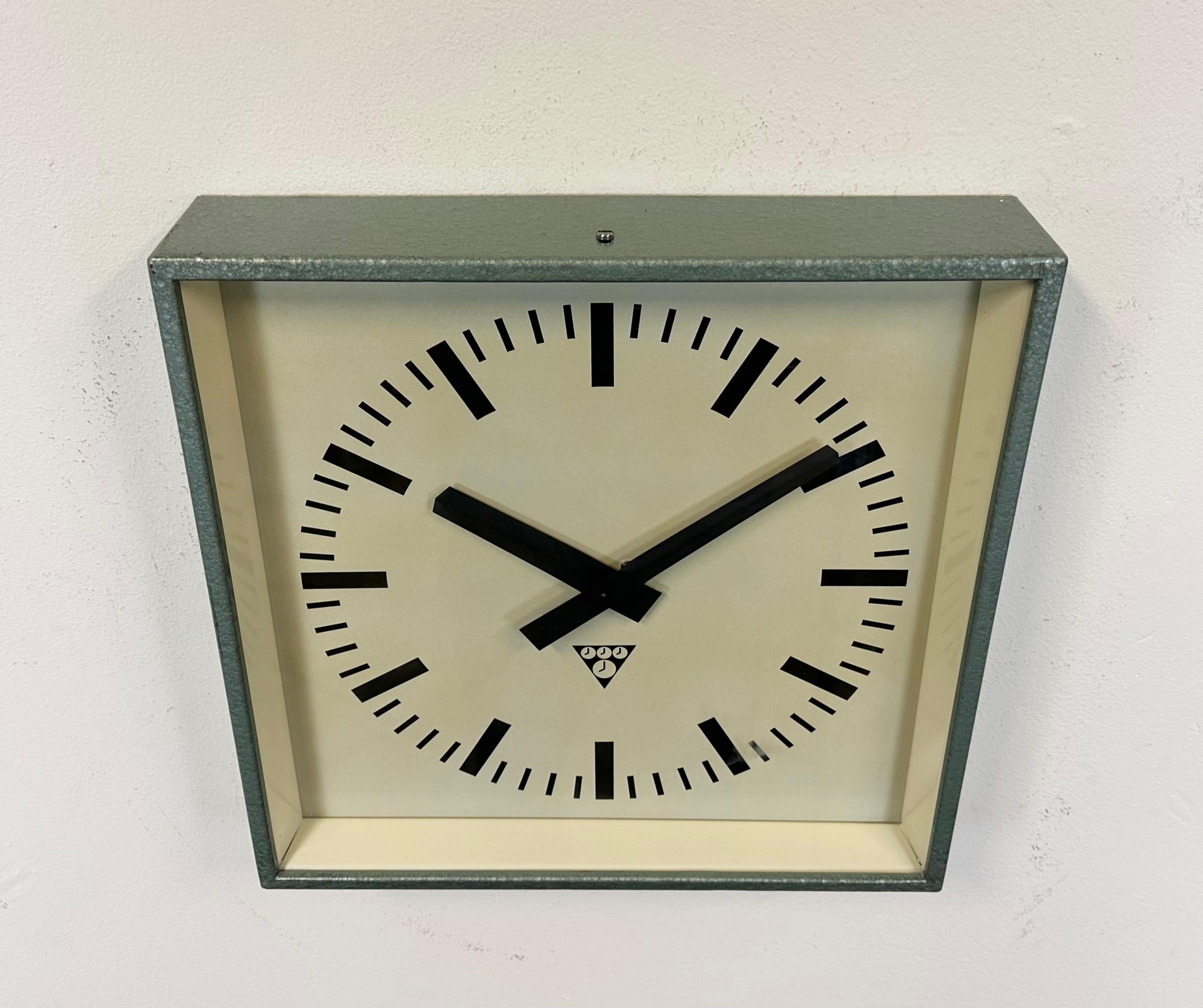 Glass Green Industrial Square Wall Clock from Pragotron, 1970s For Sale