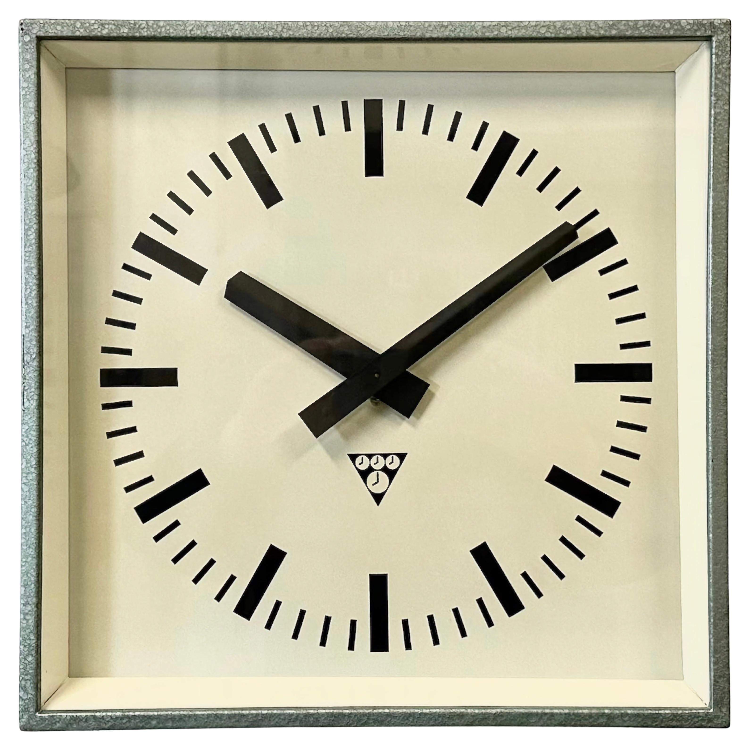 Green Industrial Square Wall Clock from Pragotron, 1970s