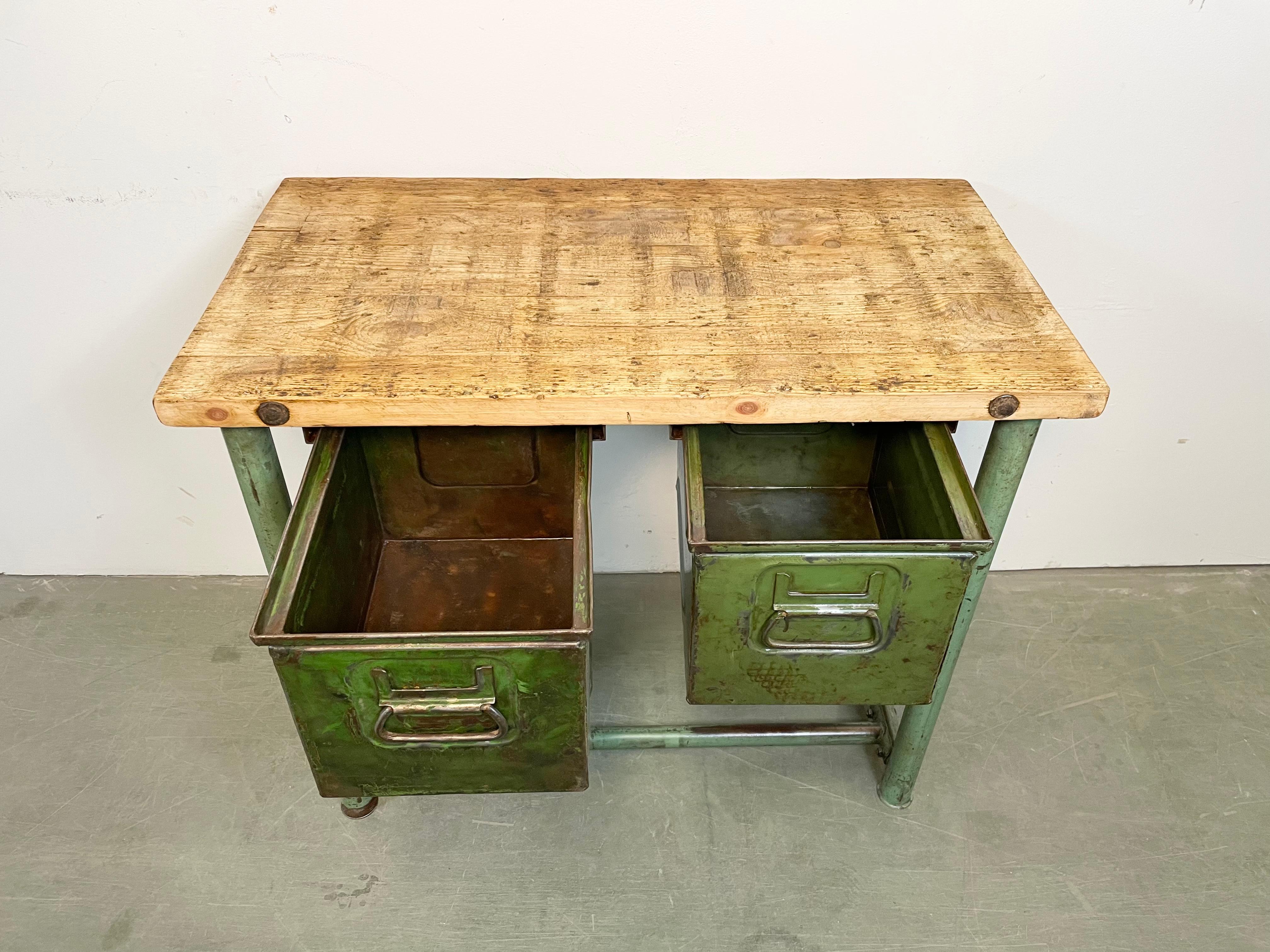 Green Industrial Worktable with Two Iron Drawers, 1960s For Sale 9