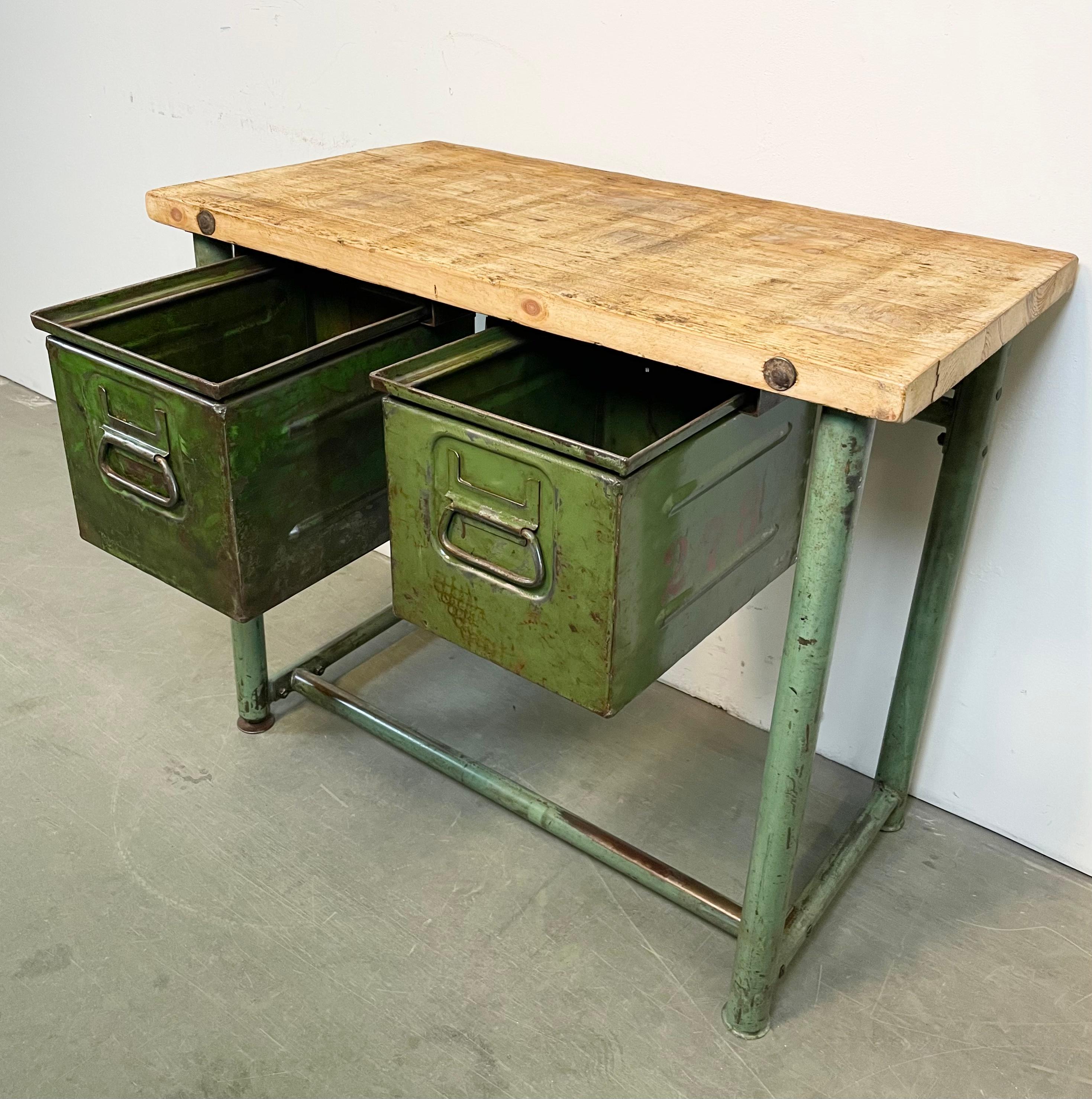 Green Industrial Worktable with Two Iron Drawers, 1960s For Sale 10