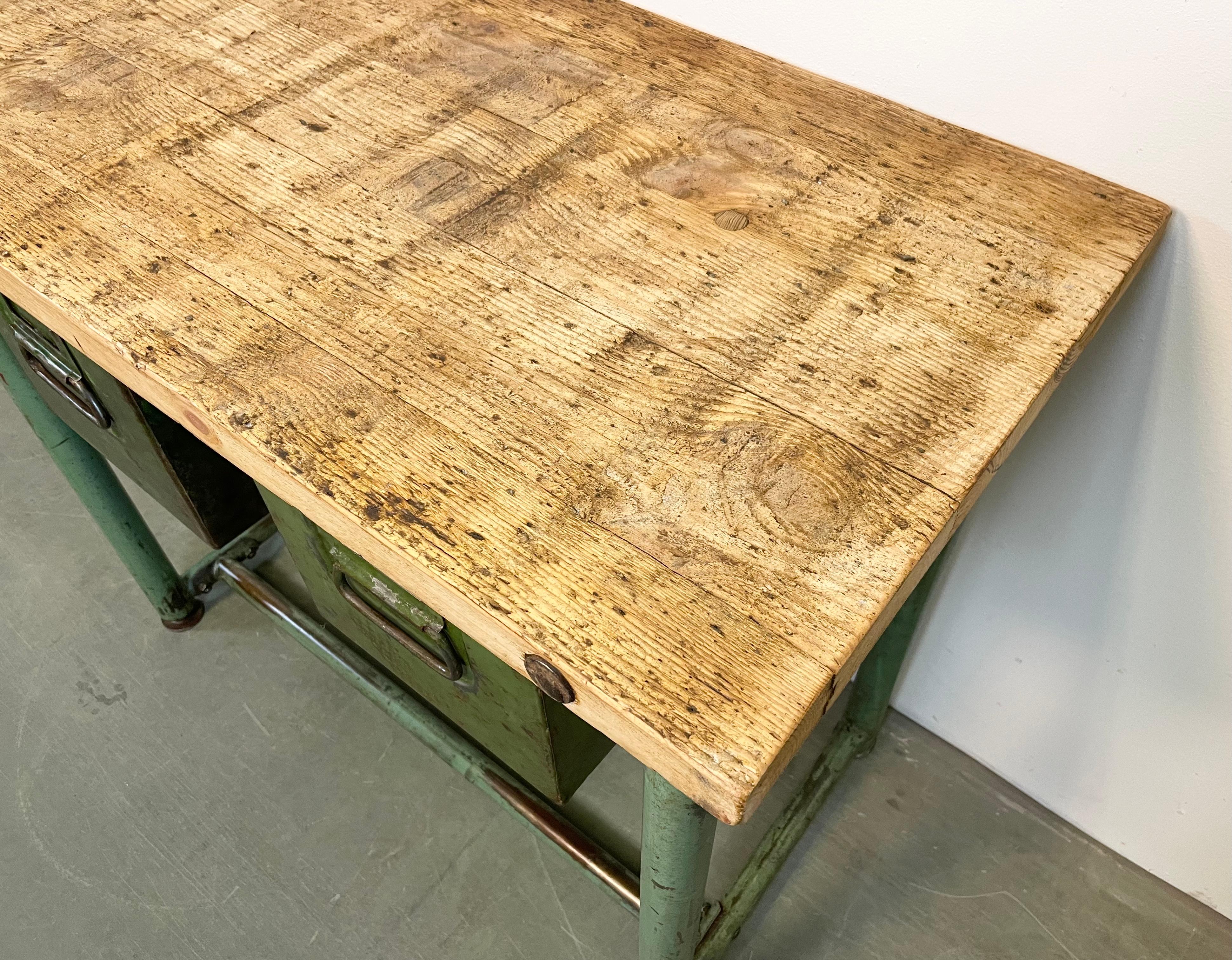 Green Industrial Worktable with Two Iron Drawers, 1960s For Sale 13