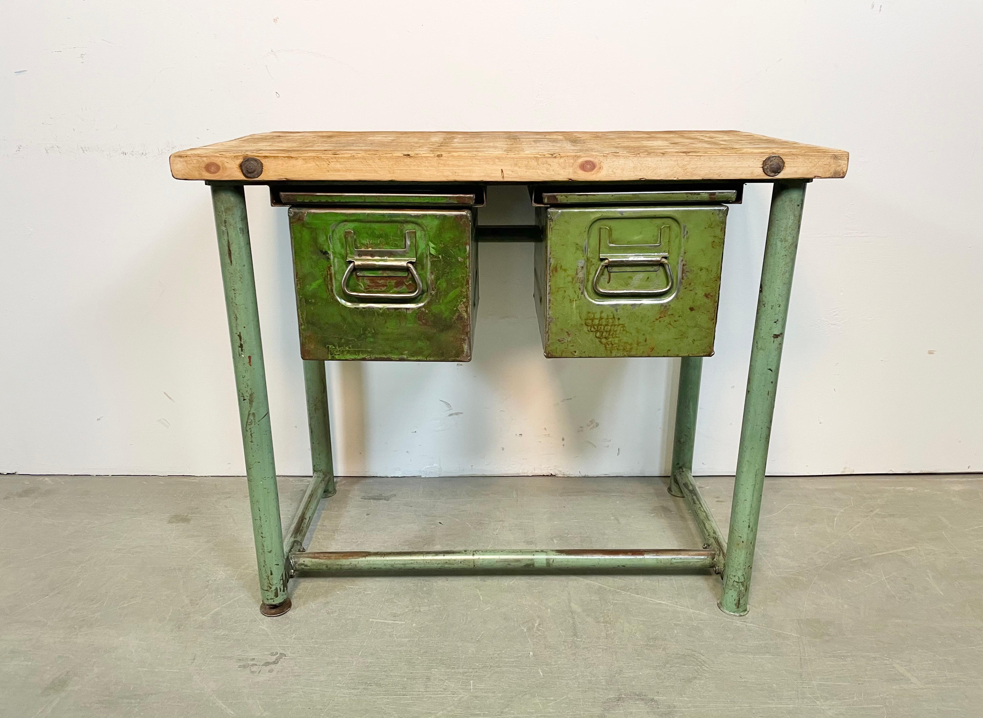 Czech Green Industrial Worktable with Two Iron Drawers, 1960s For Sale