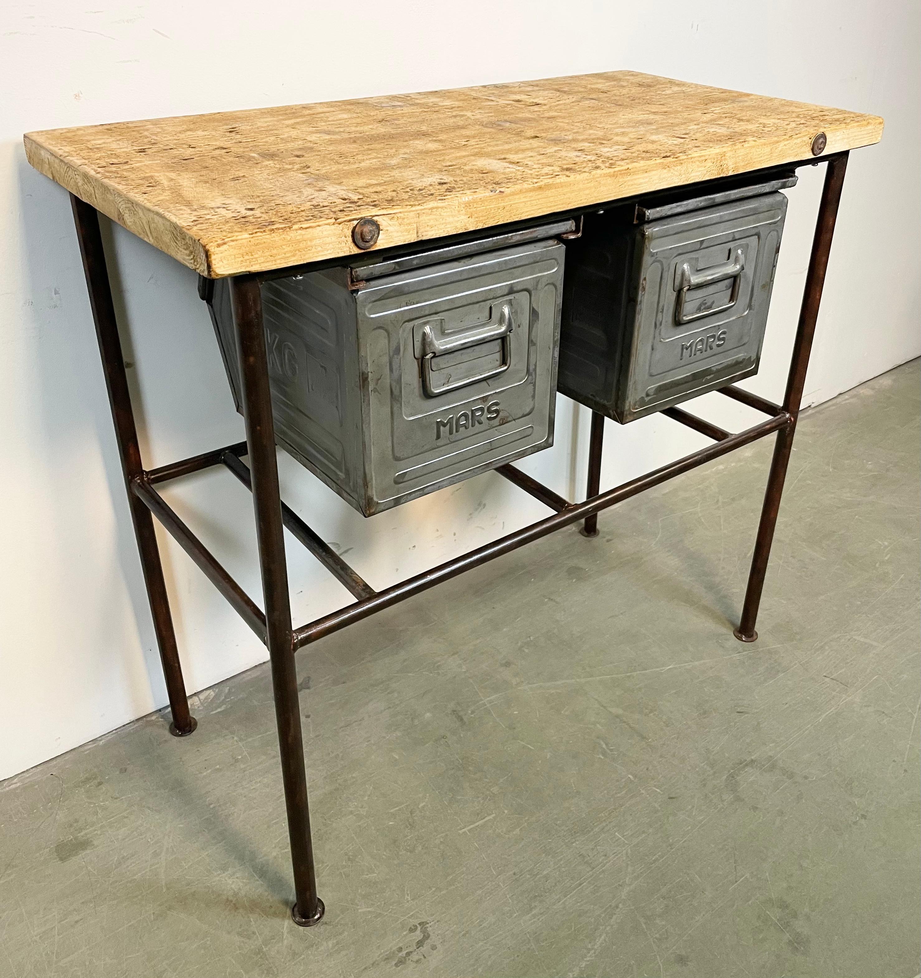 Czech Industrial Worktable with Two Iron Drawers, 1960s For Sale