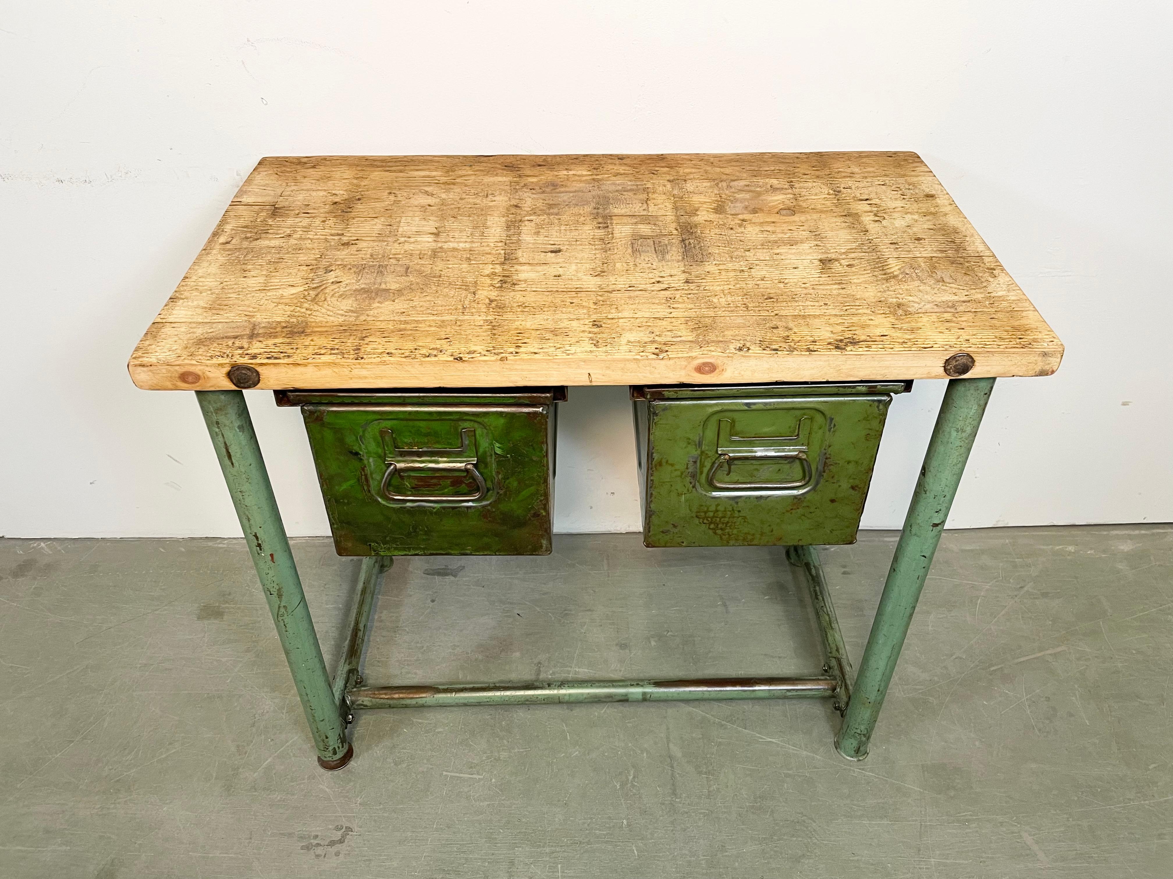 Green Industrial Worktable with Two Iron Drawers, 1960s In Good Condition For Sale In Kojetice, CZ