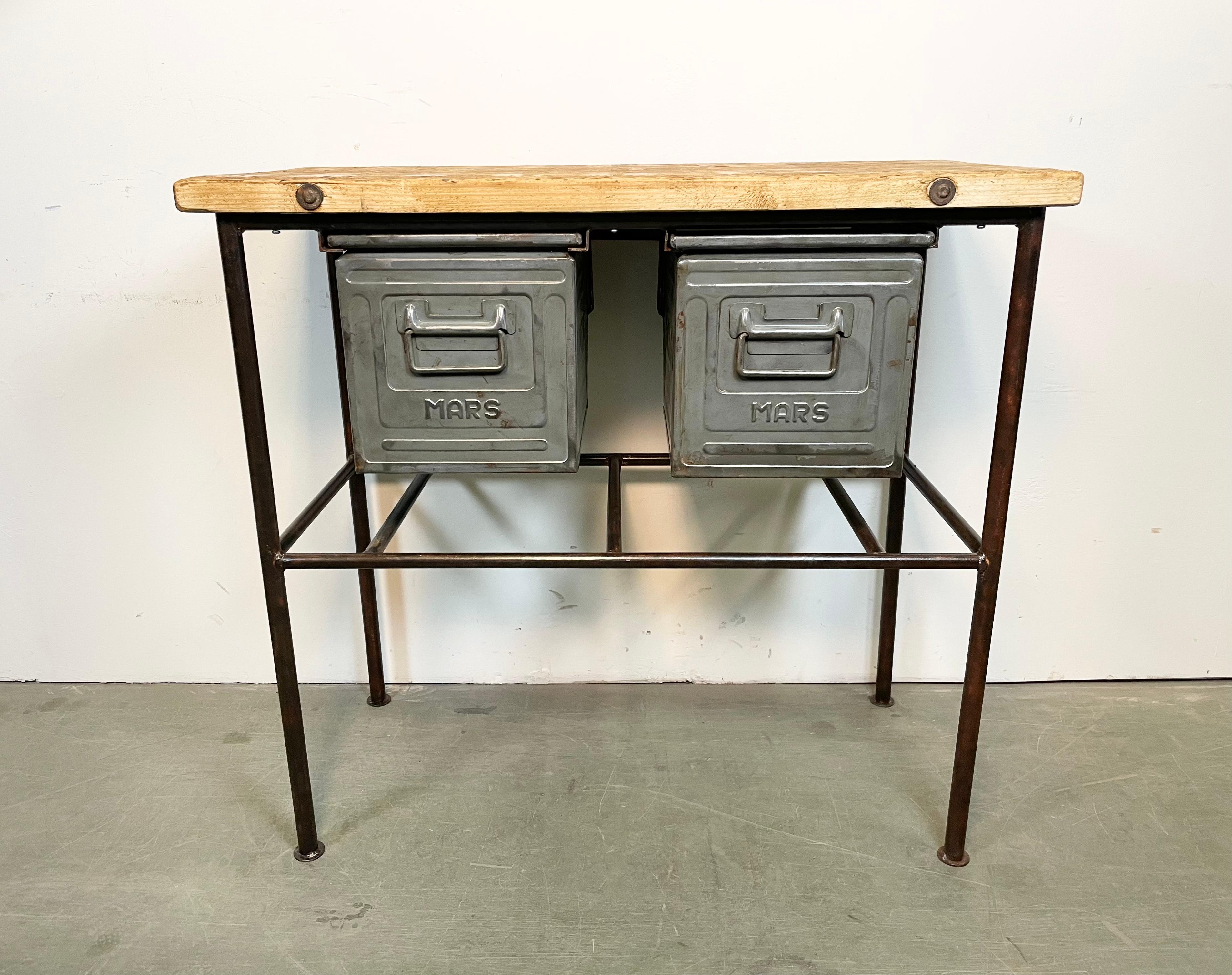 Industrial Worktable with Two Iron Drawers, 1960s In Good Condition For Sale In Kojetice, CZ