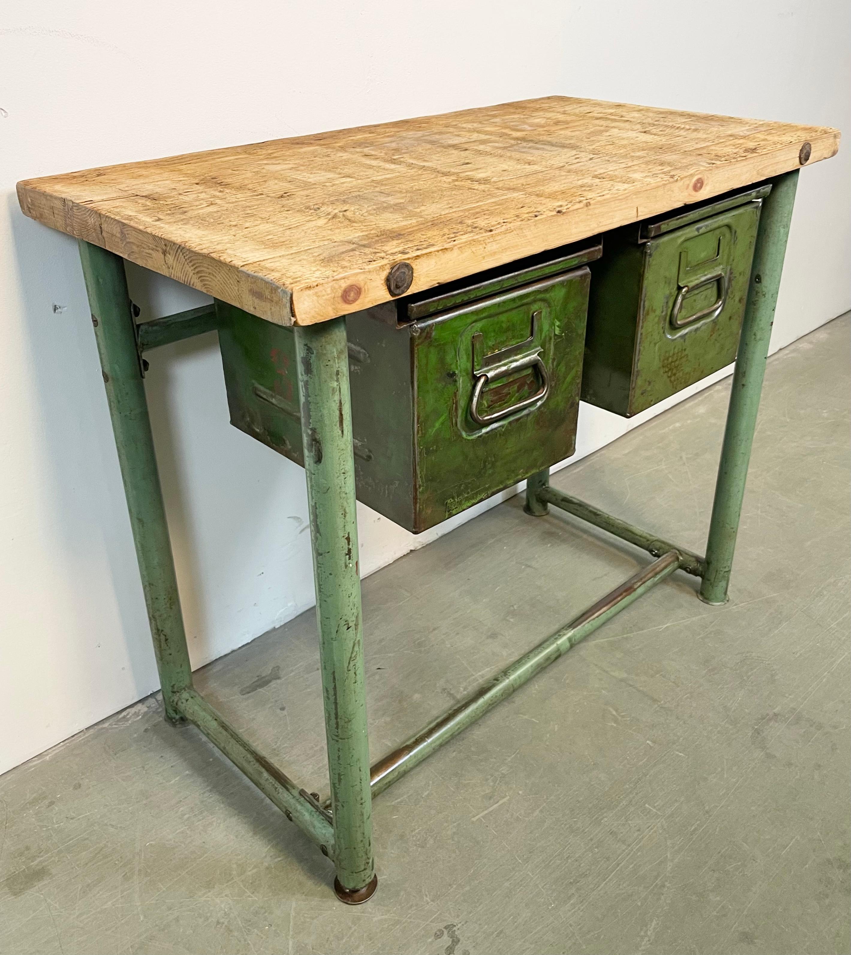 20th Century Green Industrial Worktable with Two Iron Drawers, 1960s For Sale