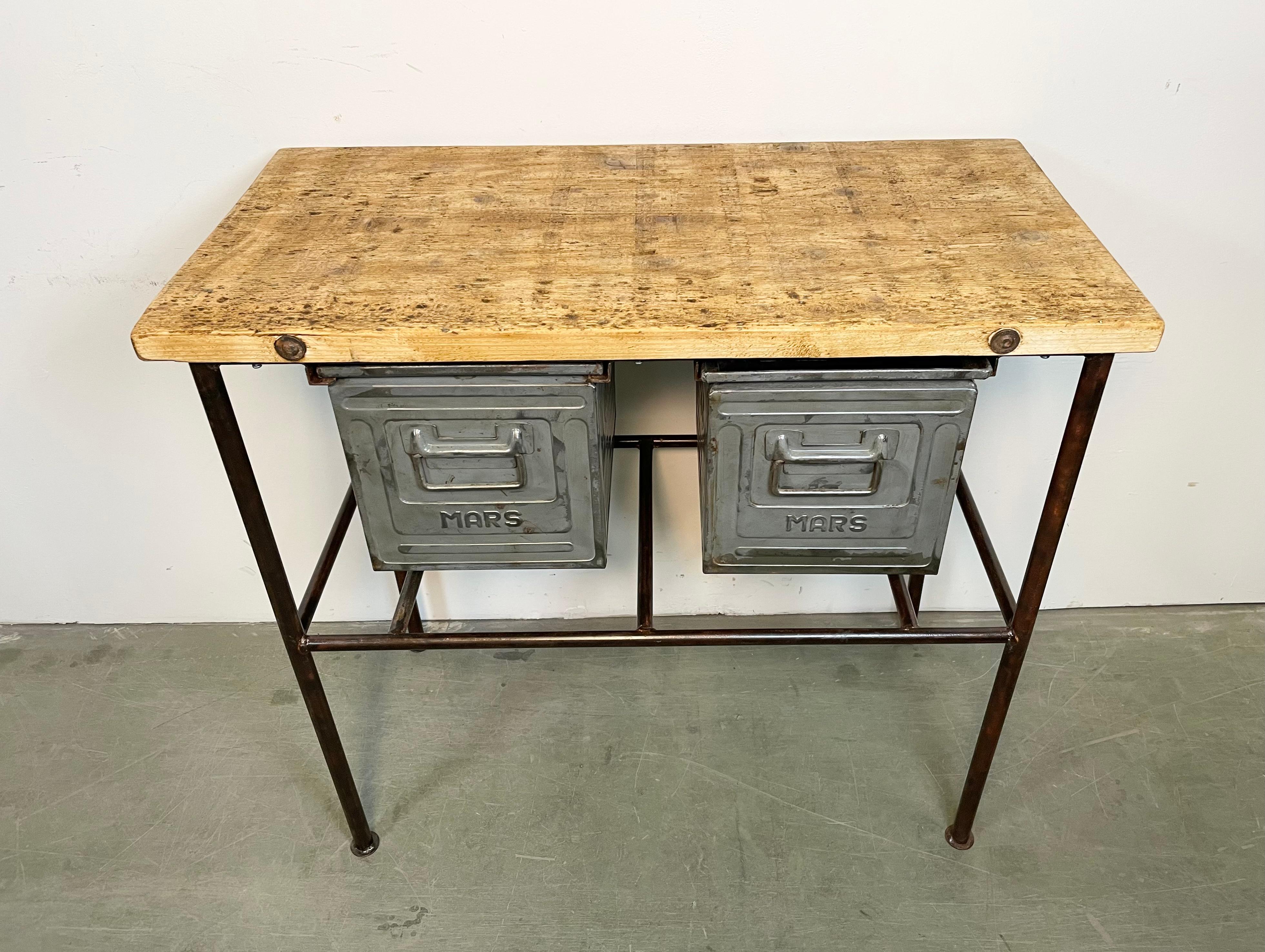 Wood Industrial Worktable with Two Iron Drawers, 1960s For Sale