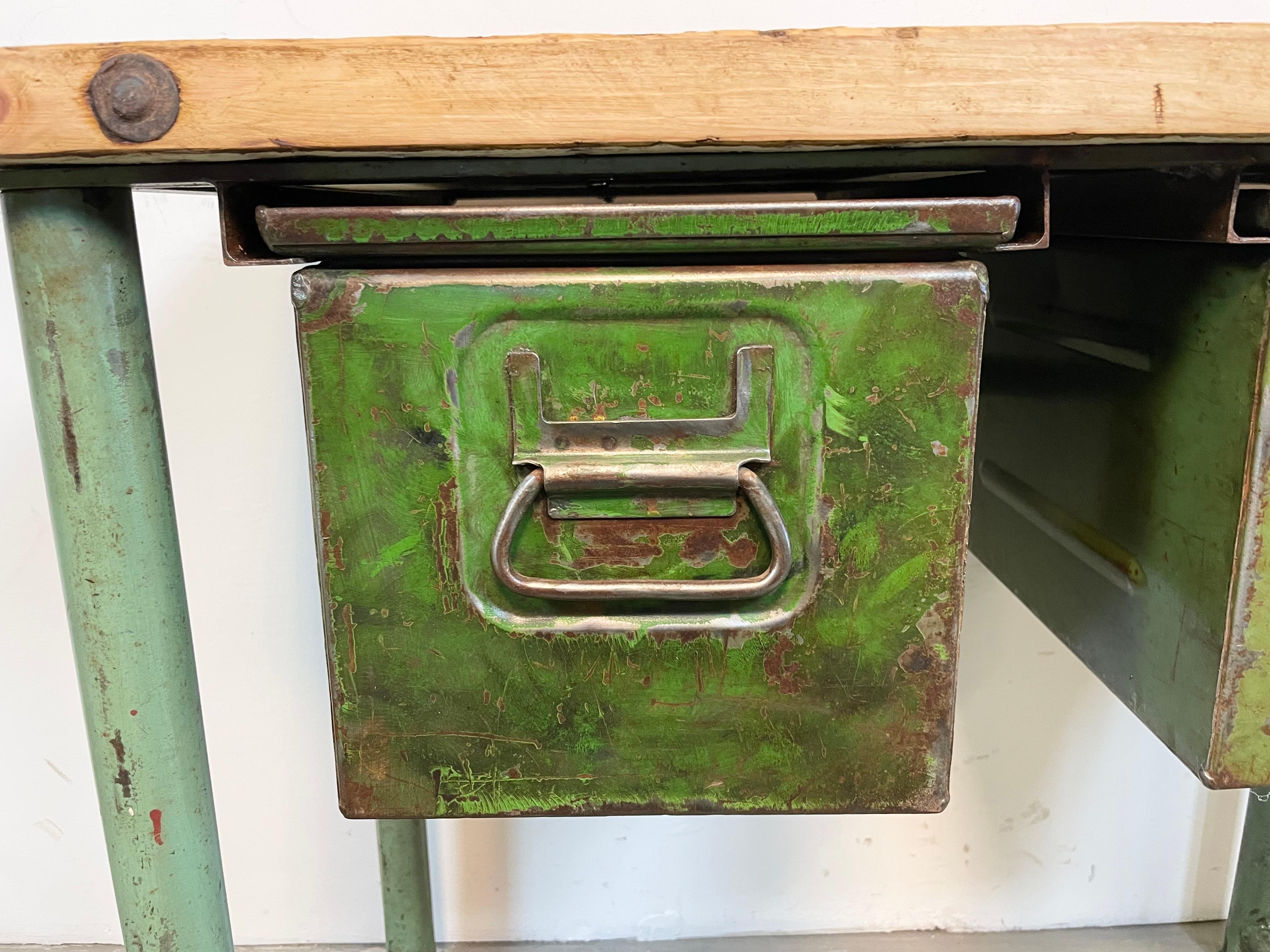 Green Industrial Worktable with Two Iron Drawers, 1960s For Sale 2