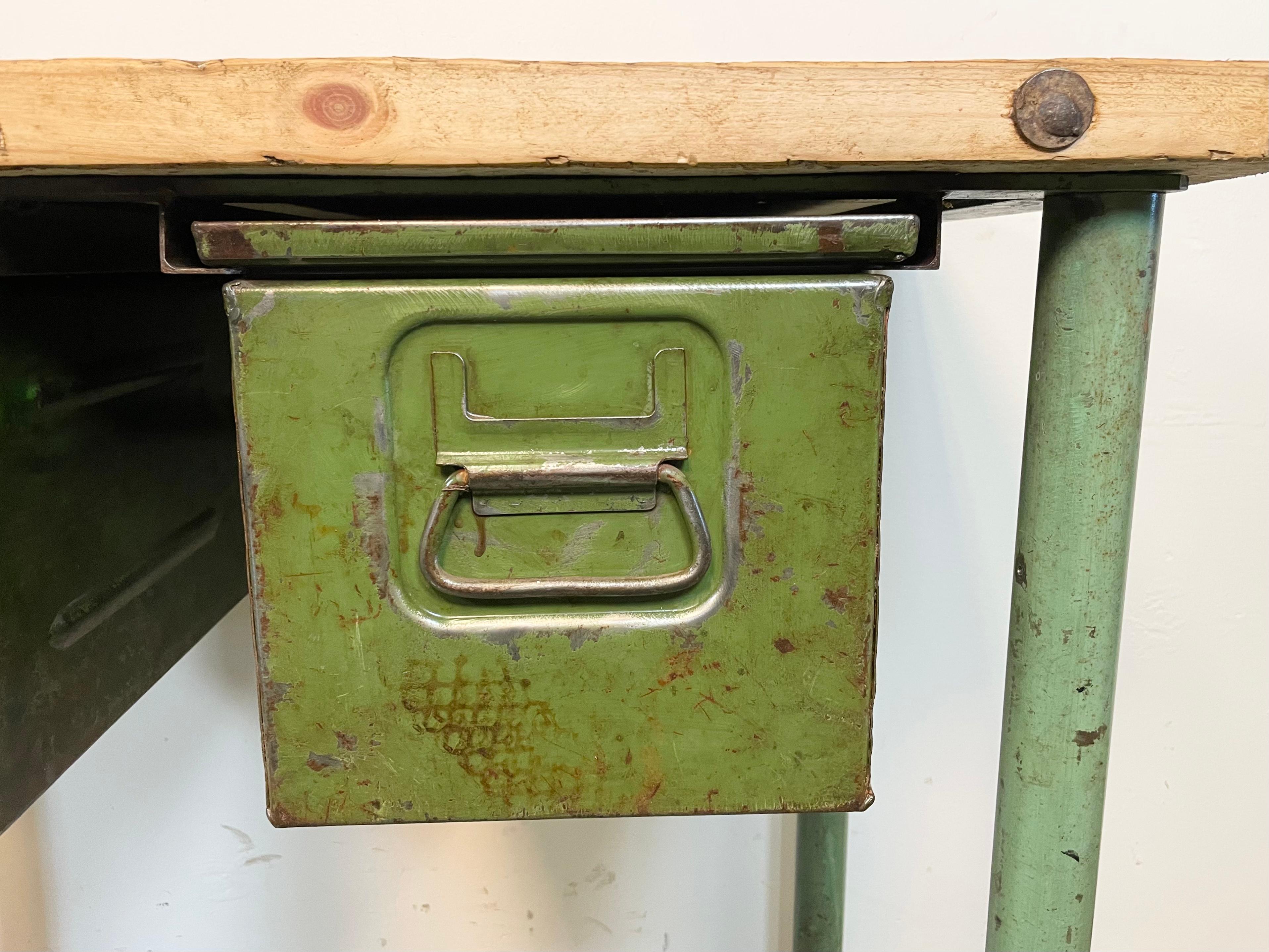 Green Industrial Worktable with Two Iron Drawers, 1960s For Sale 4
