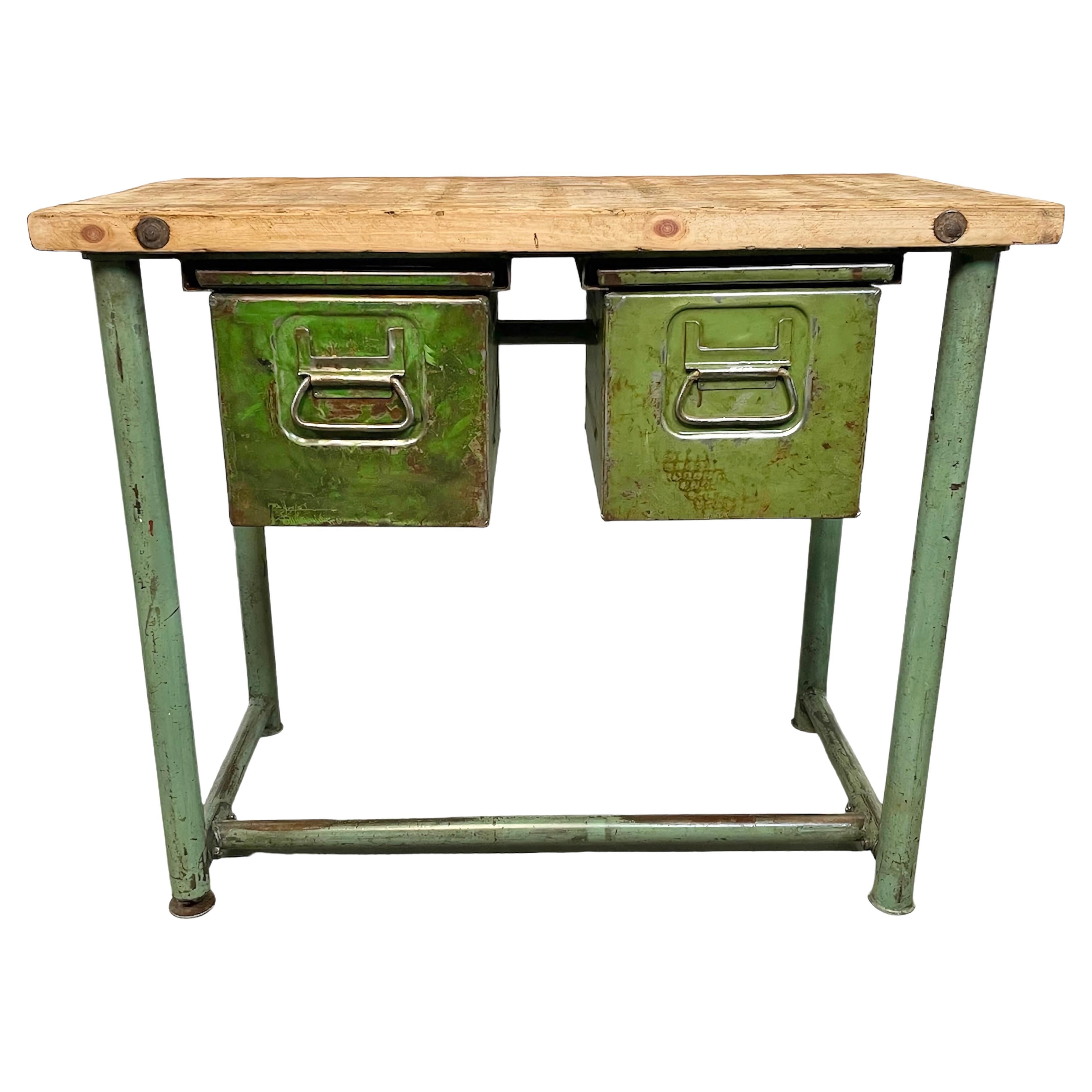Green Industrial Worktable with Two Iron Drawers, 1960s For Sale