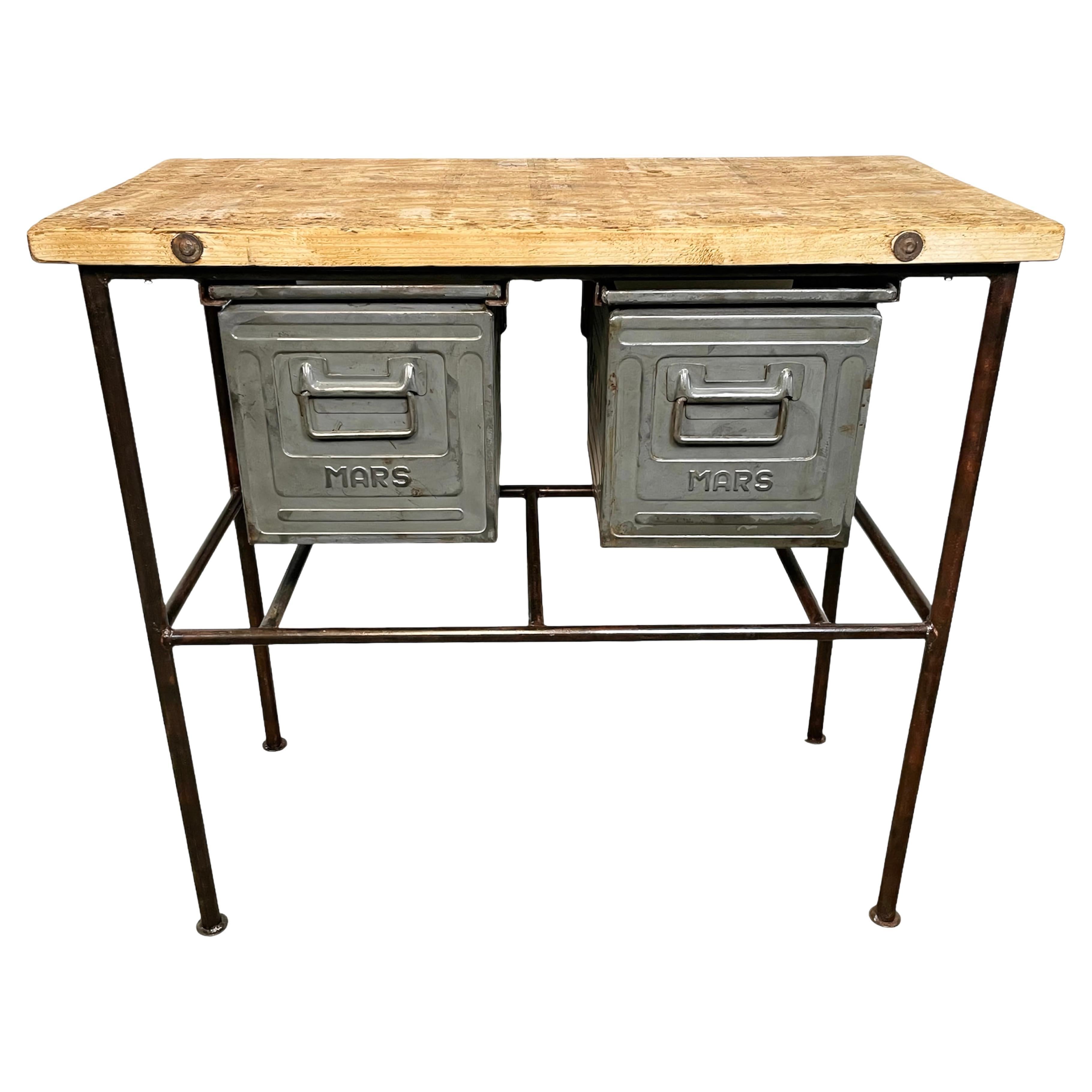 Industrial Worktable with Two Iron Drawers, 1960s