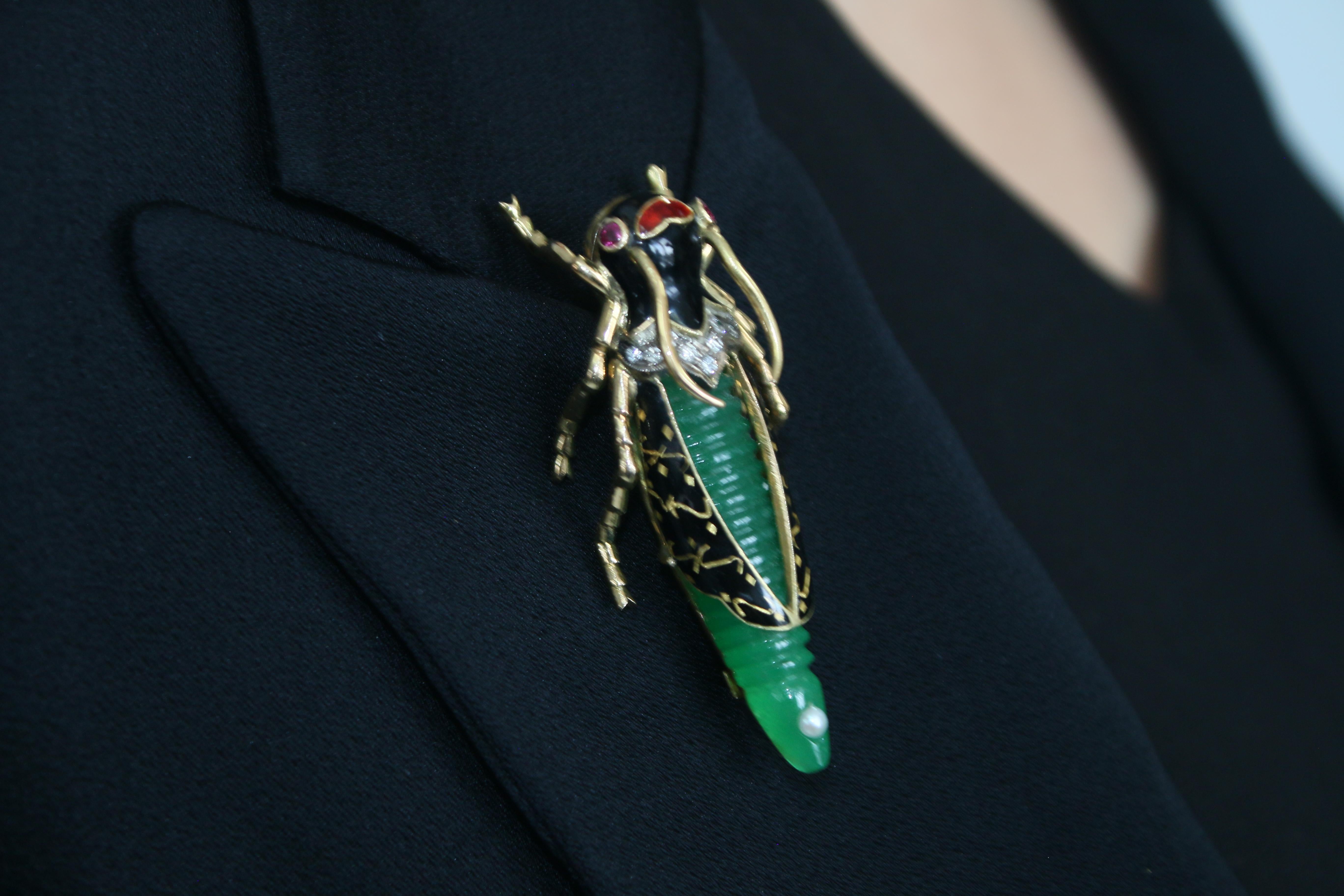 Emerald Cut Green Insect Bug Inspired Diamond and Emerald Pin For Sale