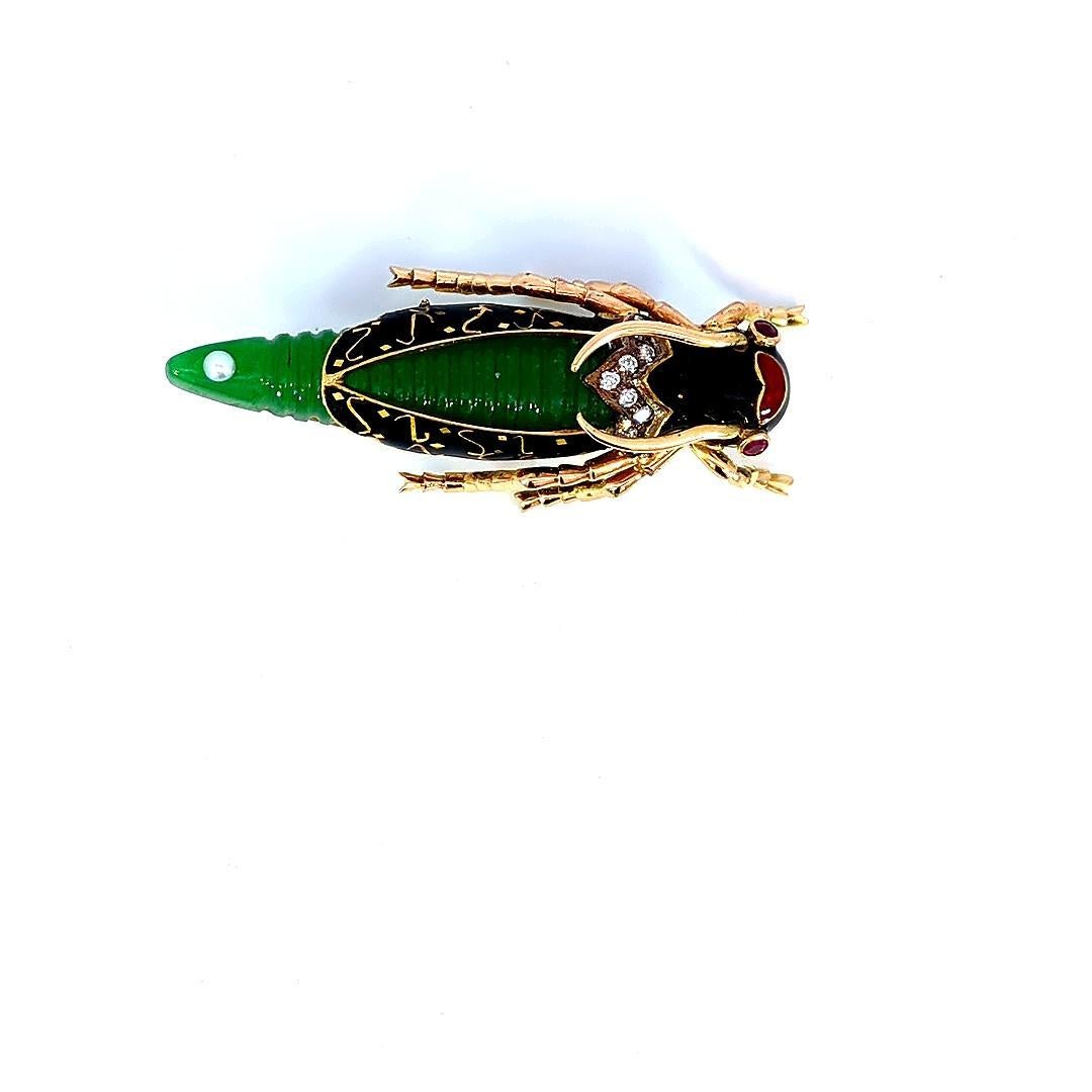 Emerald Cut Green Insect Bug Inspired Diamond and Emerald Pin For Sale