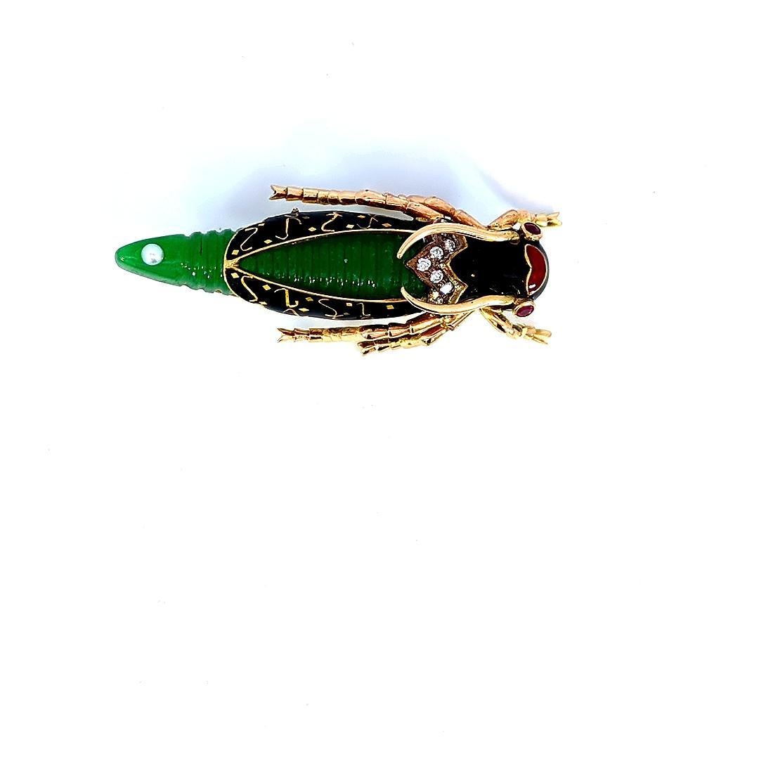 Green Insect Bug Inspired Diamond and Emerald Pin For Sale 1