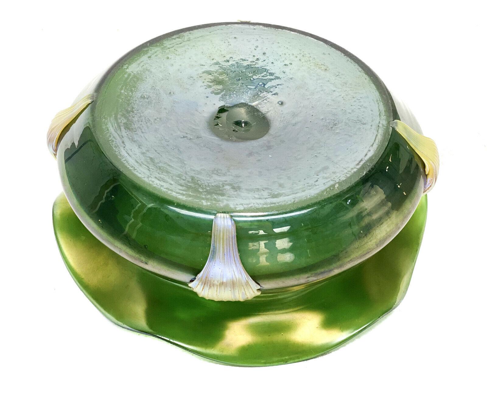 Czech Green Iridescent Art Glass Bowl w Applied Tendrils, Early 20th Century For Sale