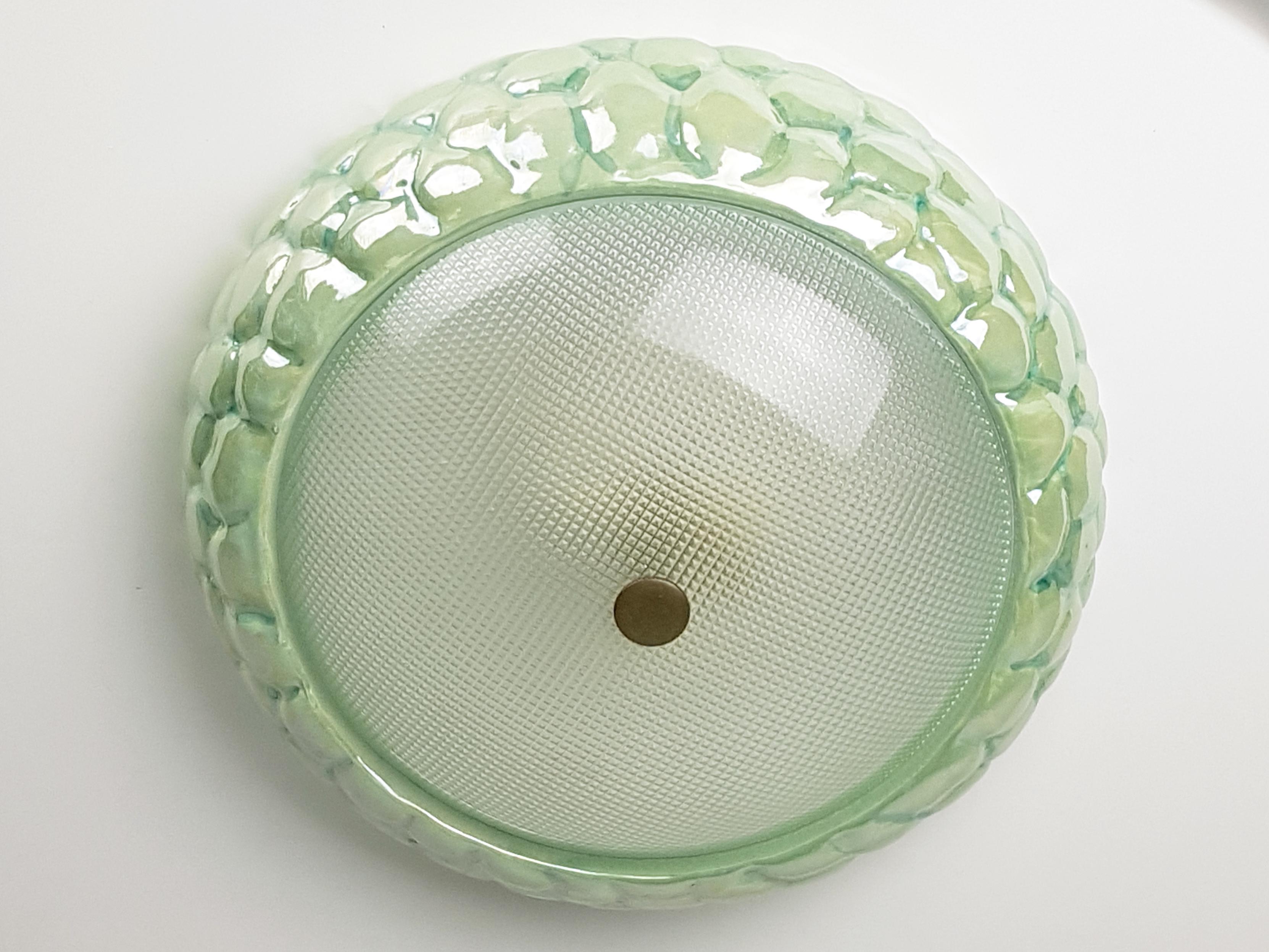 Green Iridescent Ceramic, Optical Glass & Brass Flush Mount or Wall Lamp 1950s 4