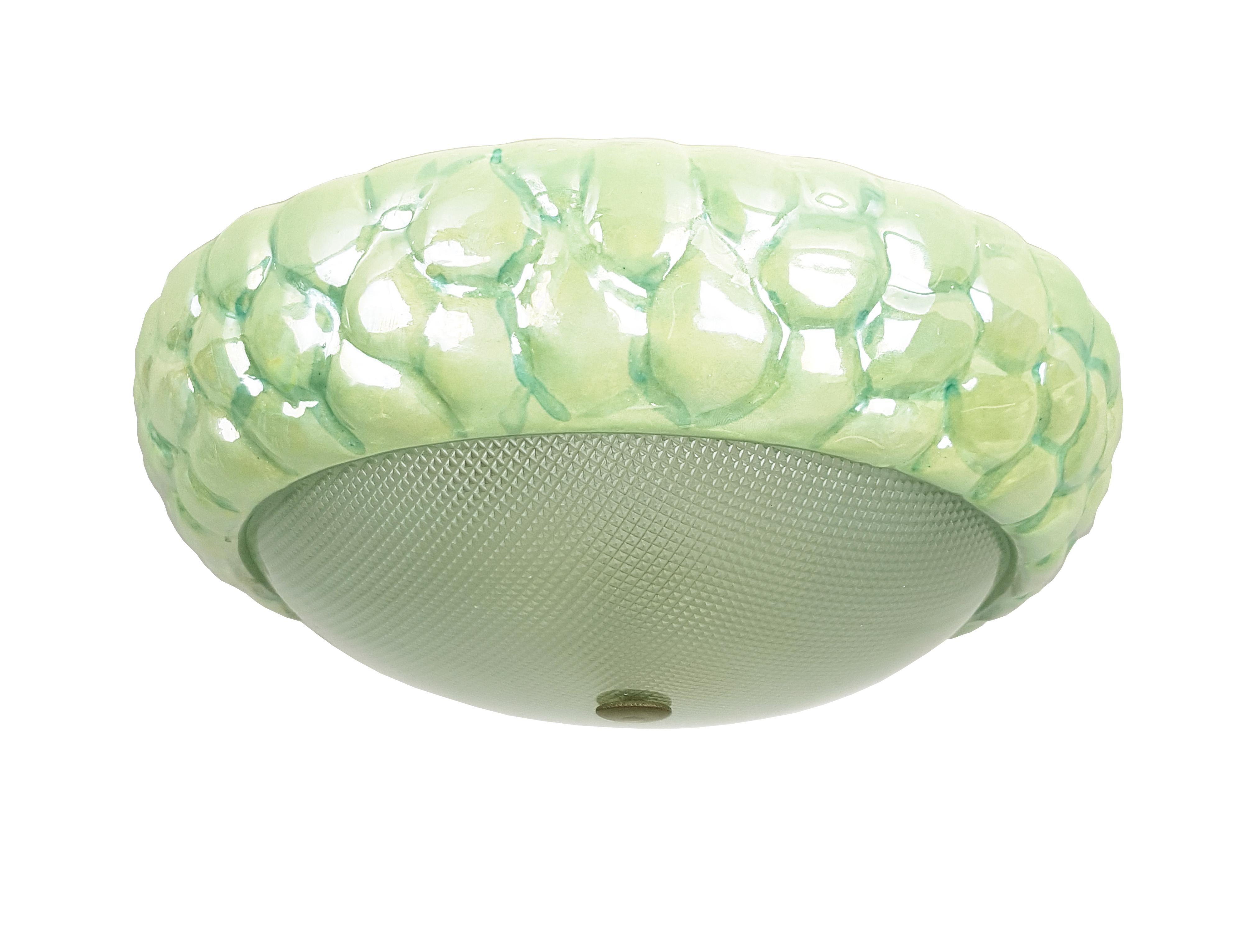 Mid-Century Modern Green Iridescent Ceramic, Optical Glass & Brass Flush Mount or Wall Lamp 1950s