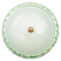 Green Iridescent Ceramic, Optical Glass & Brass Flush Mount or Wall Lamp 1950s