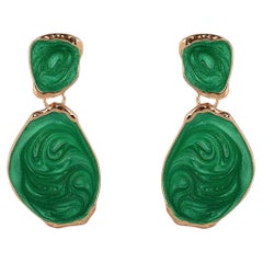 Green Irregular Oval Textured Ripple Enamel Retro Gold Drop Clip On Earrings