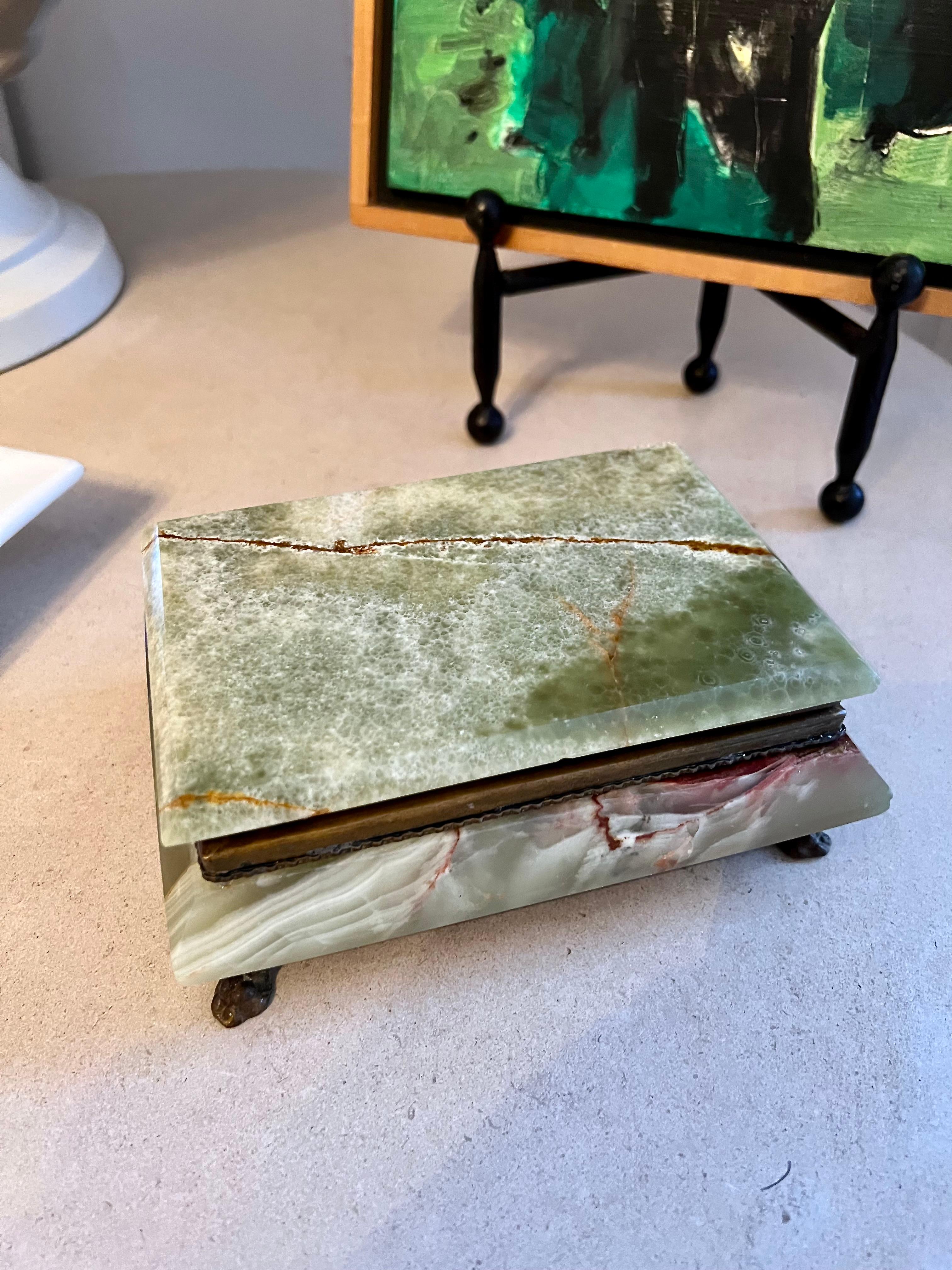 20th Century Green Italian Alabaster Box with Brass Claw Feet and Velveteen Lining