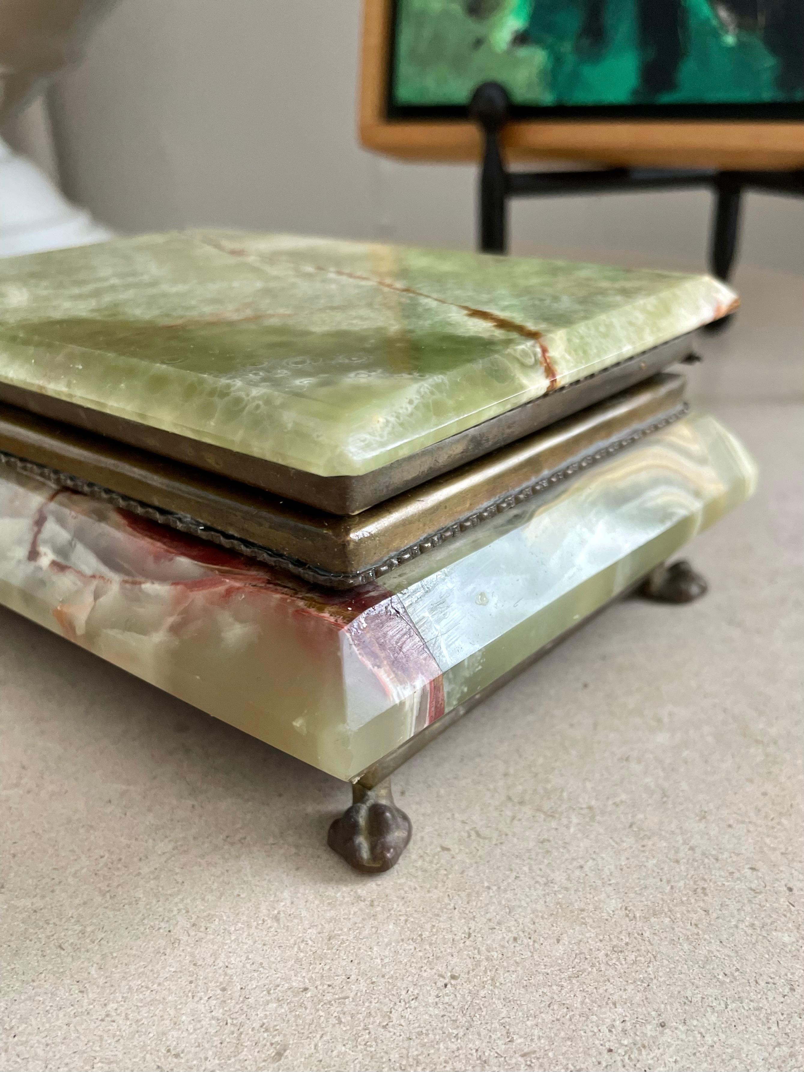 Green Italian Alabaster Box with Brass Claw Feet and Velveteen Lining 1