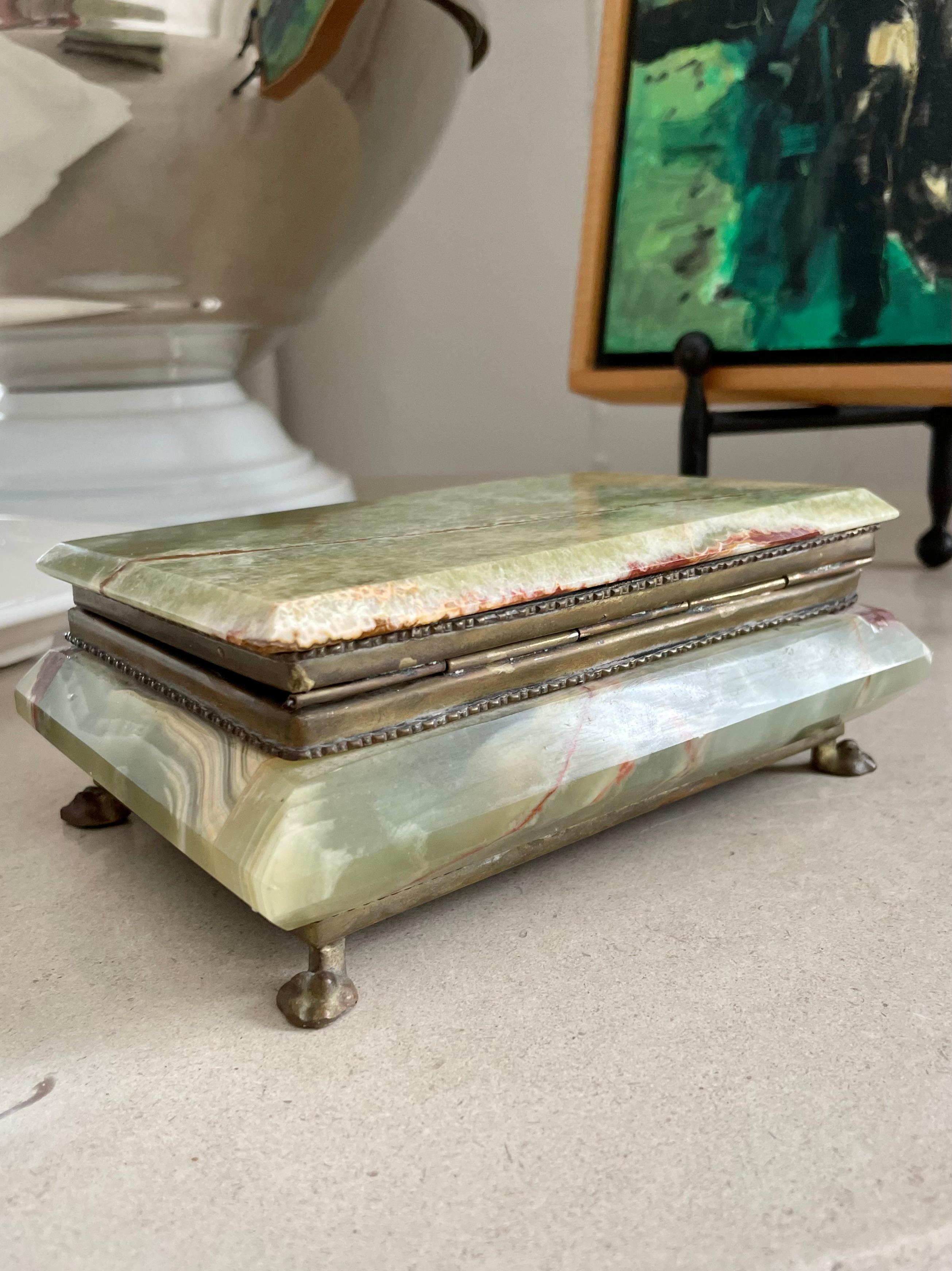 Green Italian Alabaster Box with Brass Claw Feet and Velveteen Lining 2