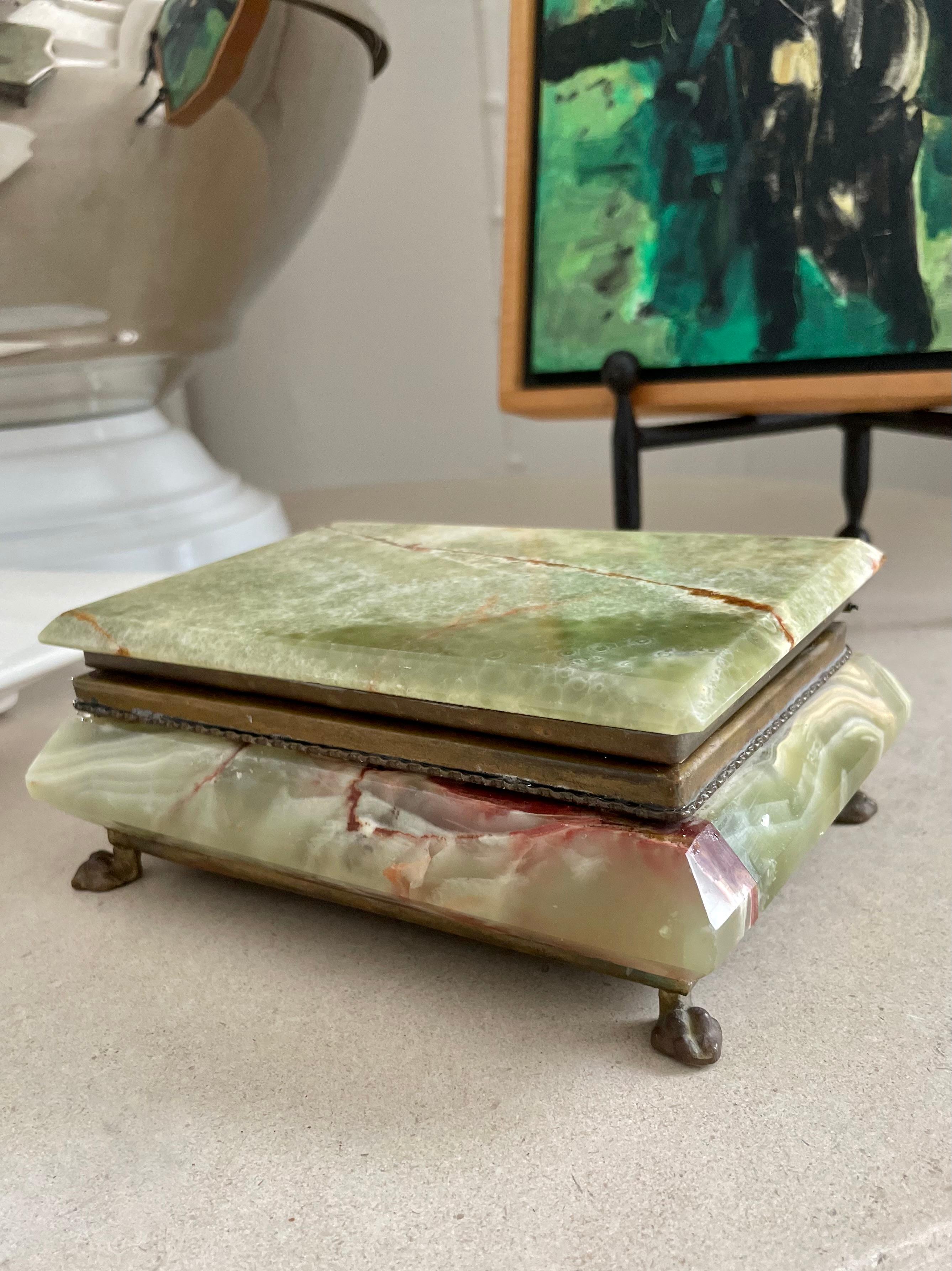 Green Italian Alabaster Box with Brass Claw Feet and Velveteen Lining 3