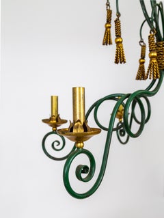Green Italian Hollywood Regency Curled Arm Gilt Metal Rope & Tassel Chandelier