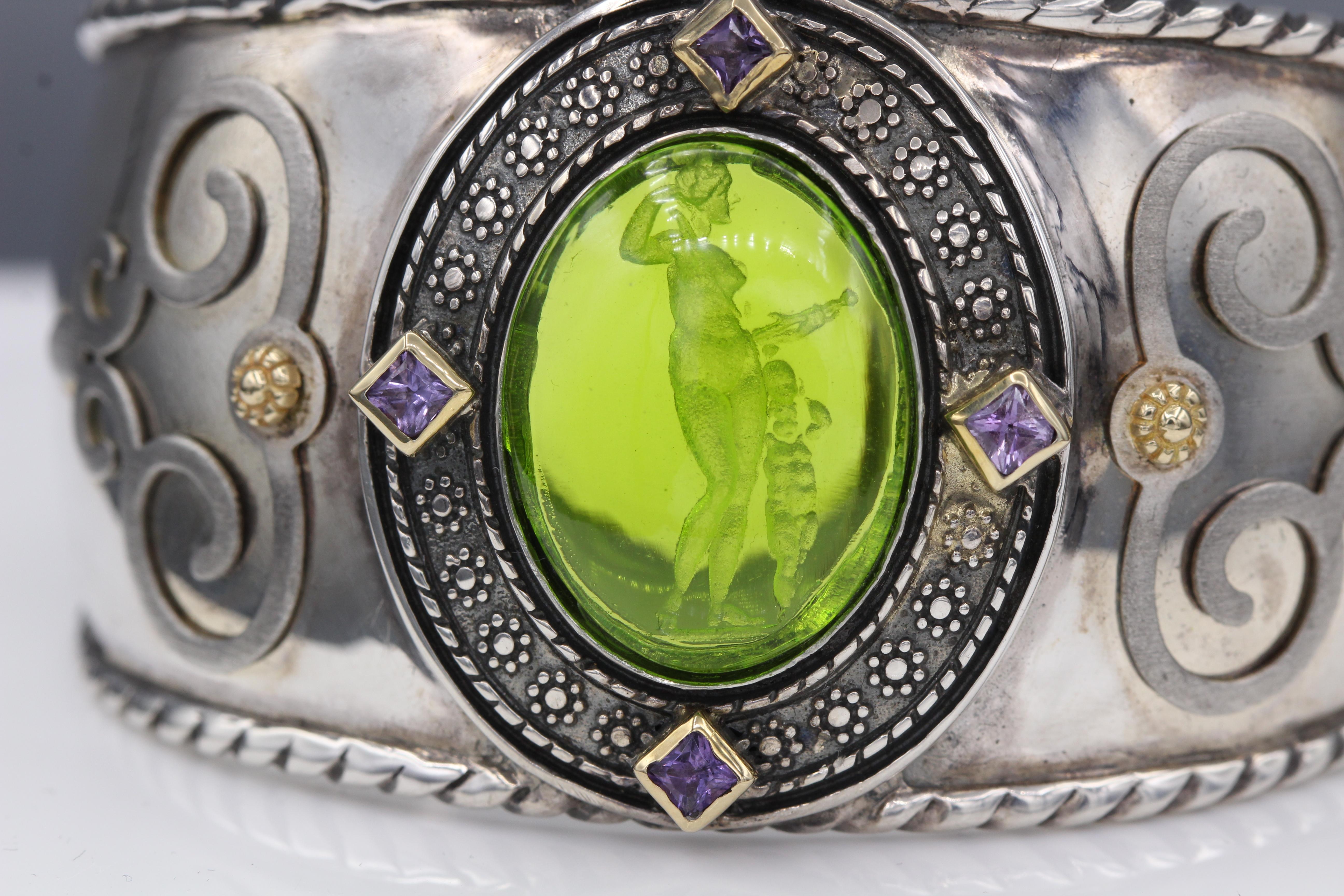 Gothic Revival Green Italian Murano Glass Cuff Bracelet Glass Cameo of Venus and Cupid Godess For Sale