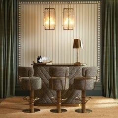 Grüner Jacquard-Barhocker mit drehbarem Sitz und Gestell aus gebürstetem Messing, luxuriöses Design