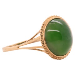 Green Jade 14K Yellow Gold Round Dome Cabochon Cocktail Ring