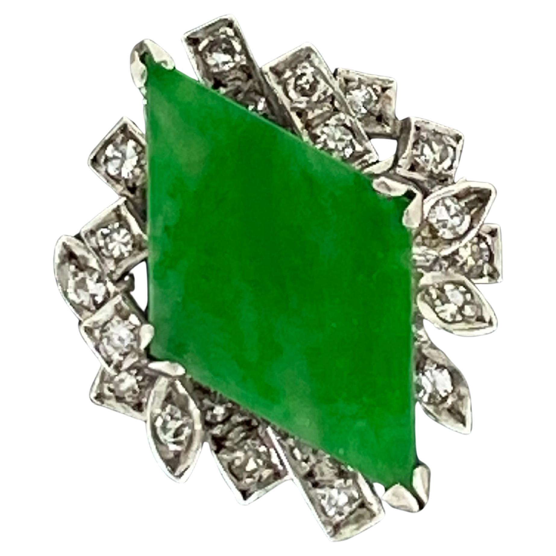 Green Jade (19mm x 11mm) & Diamond (0.60ct) Cocktail Ring in 18K White Gold