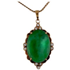 Antique Jadeite Jade and Diamond 18 Karat Diamond Pendant 18 Karat Gold Necklace