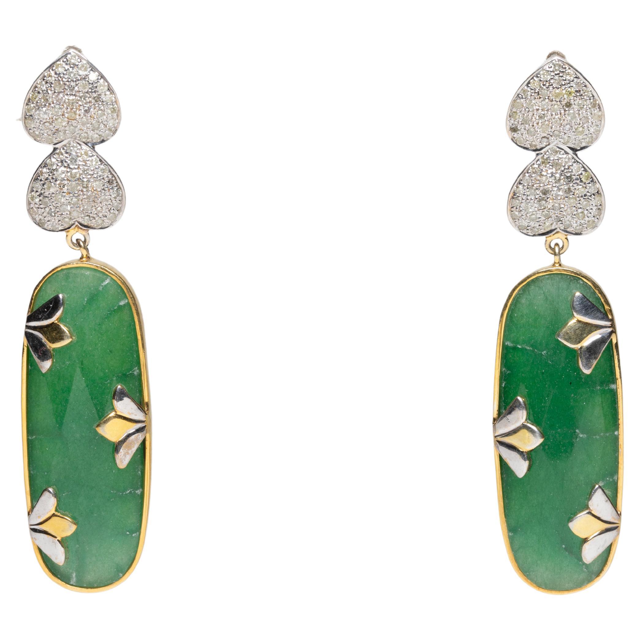 Green Jade and Diamond Drop Dangle Earrings