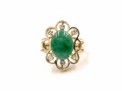 Green Jade and Diamond Floral Yellow Gold Ring