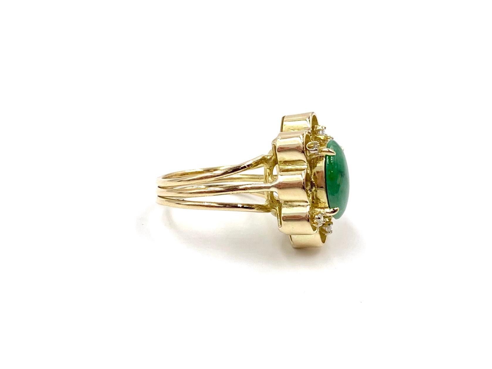 Oval Cut Green Jade and Diamond Floral Yellow Gold Ring For Sale