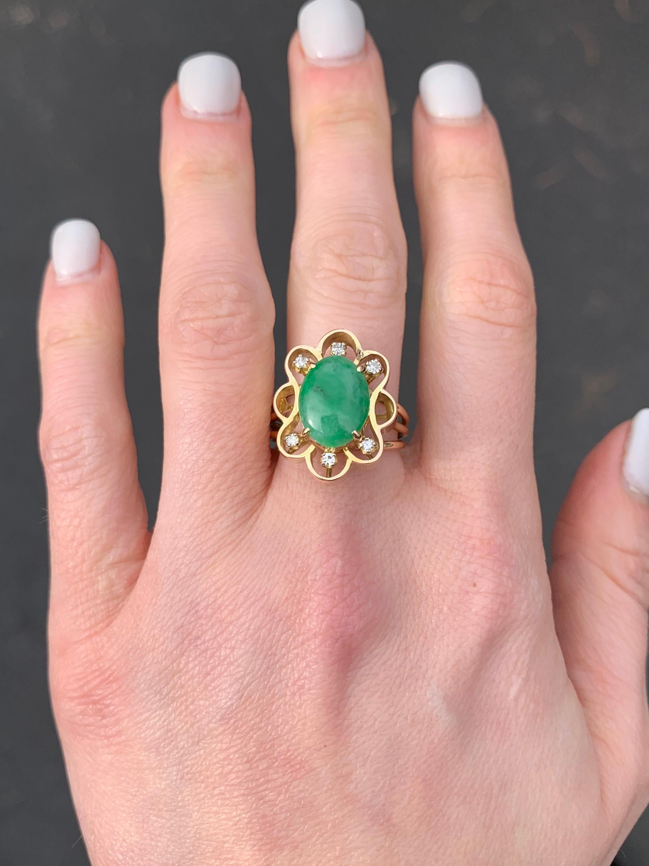 Green Jade and Diamond Floral Yellow Gold Ring For Sale 2