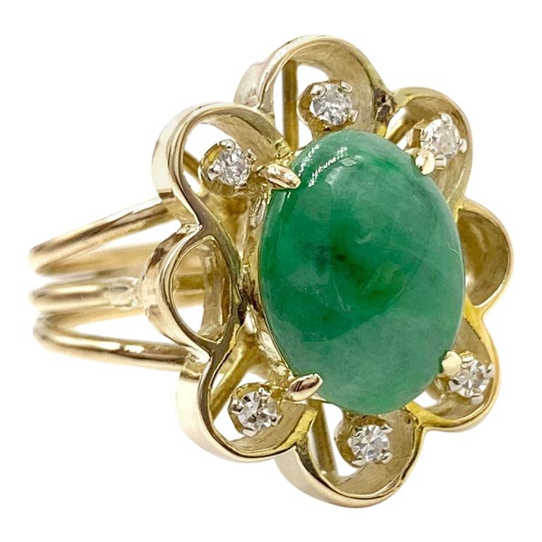 Green Jade and Diamond Floral Yellow Gold Ring For Sale