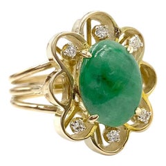 Green Jade and Diamond Floral Yellow Gold Ring